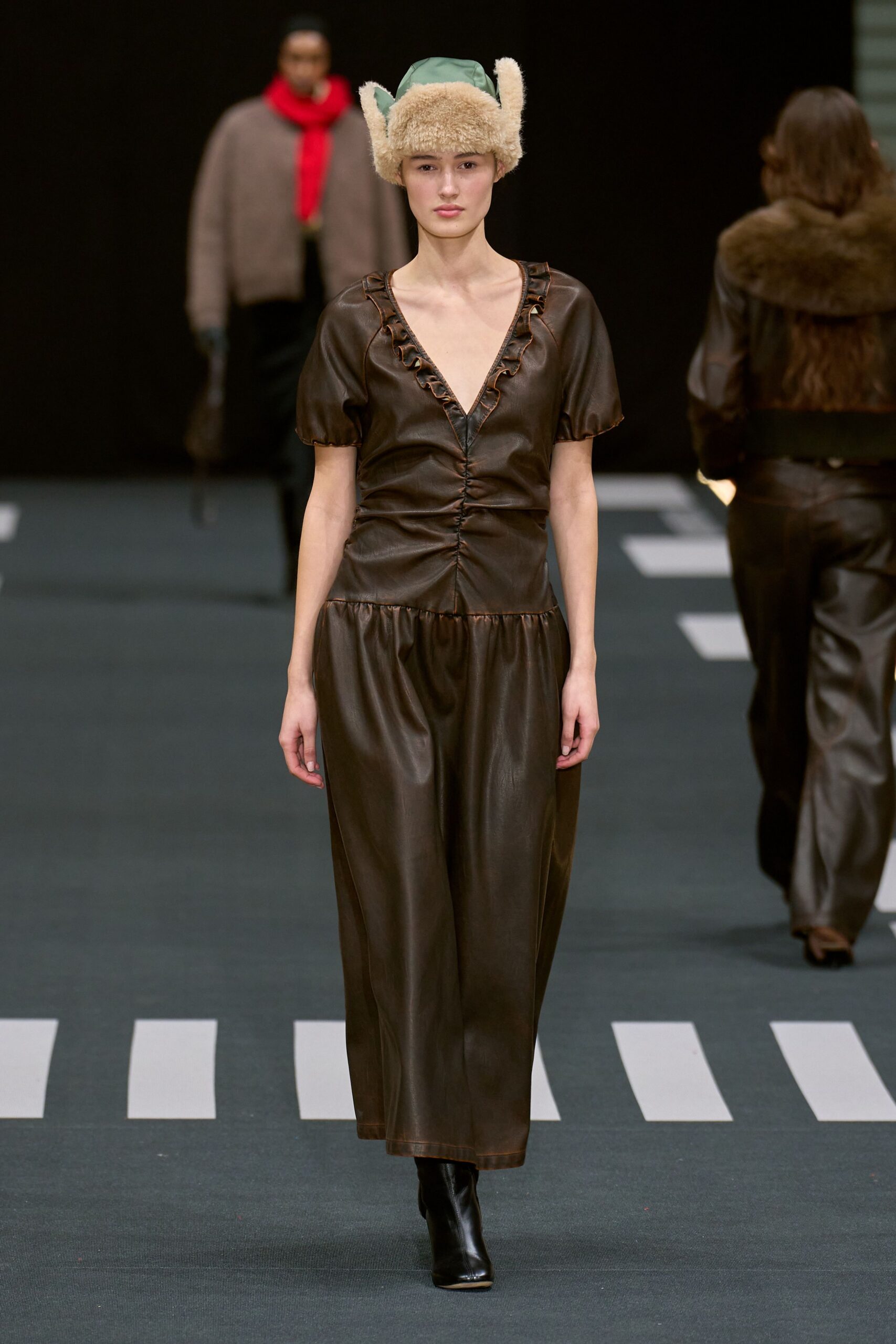 brown leather short-sleeve v-neck fitted ruffled midi dress