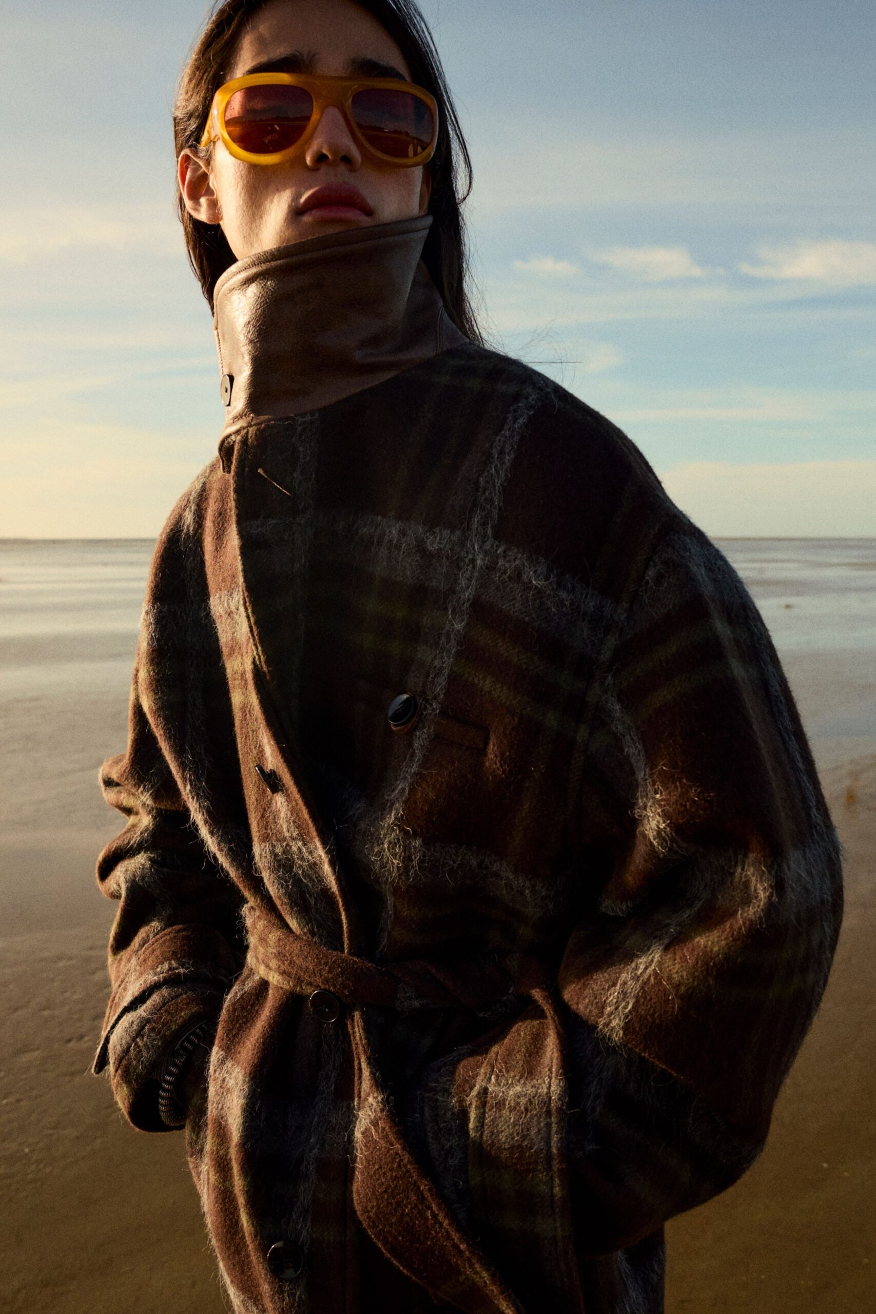 brown checked wool coat with sunglasses