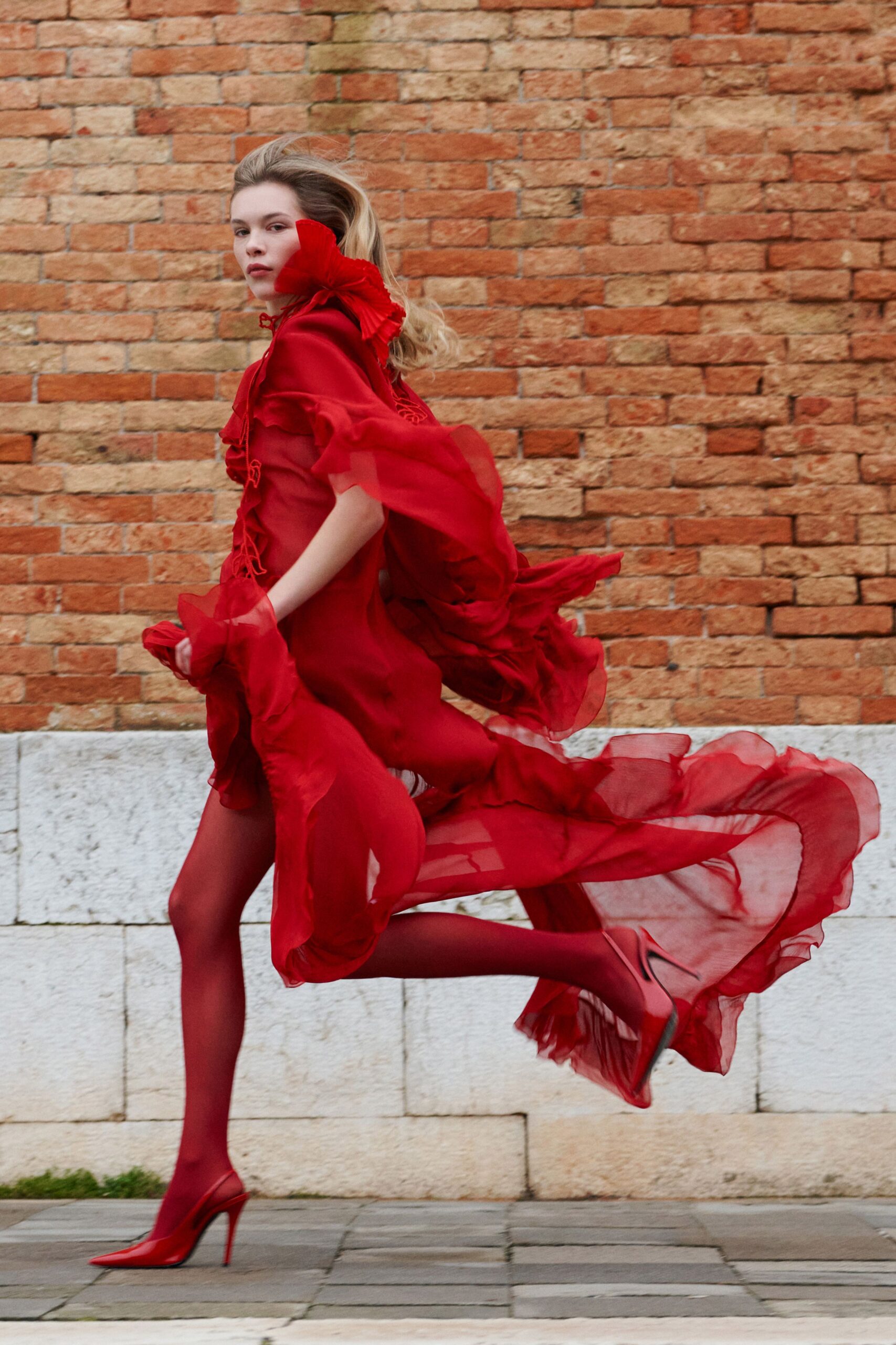 red silk sleeveless v-neck fitted layered ruffled dress