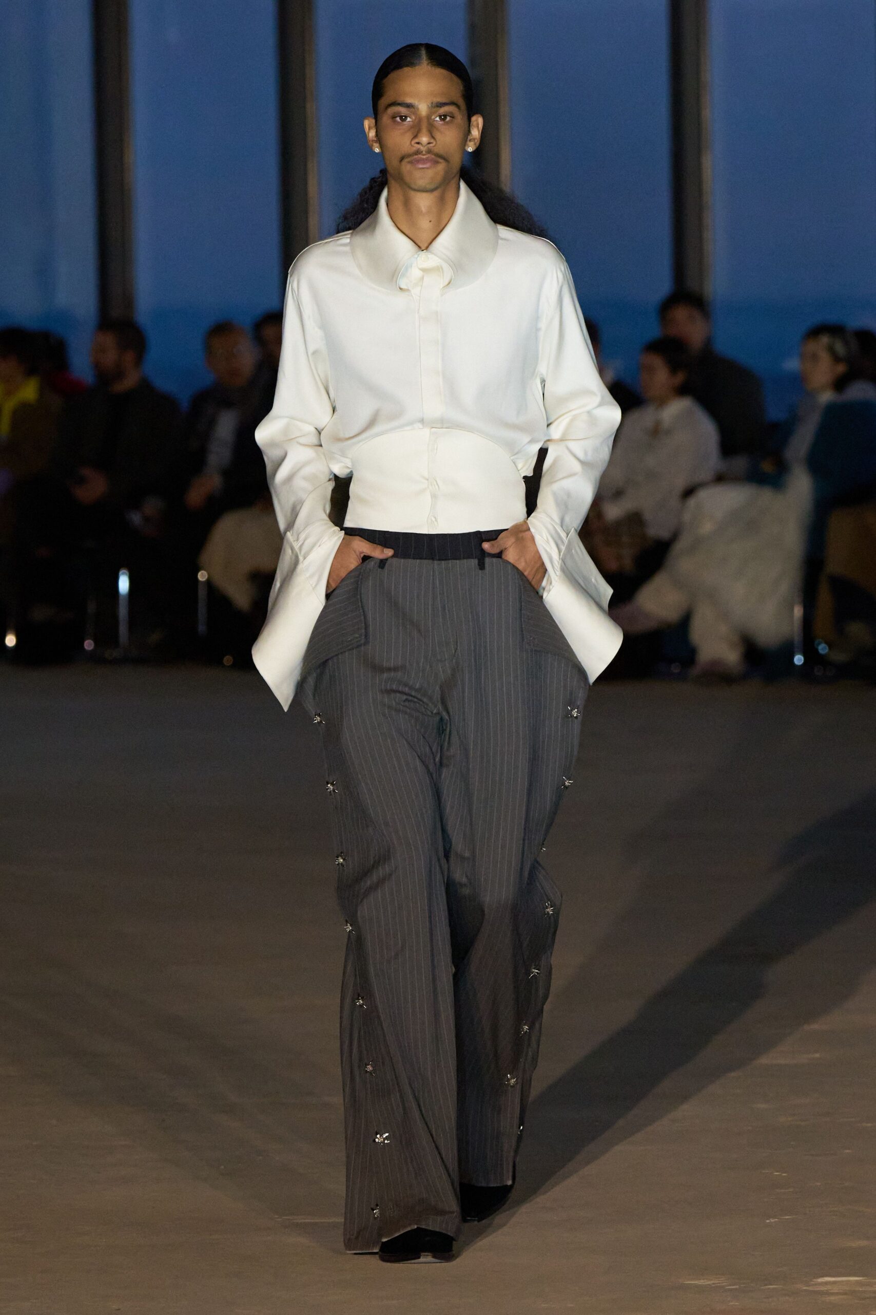 white fitted shirt gray relaxed pants