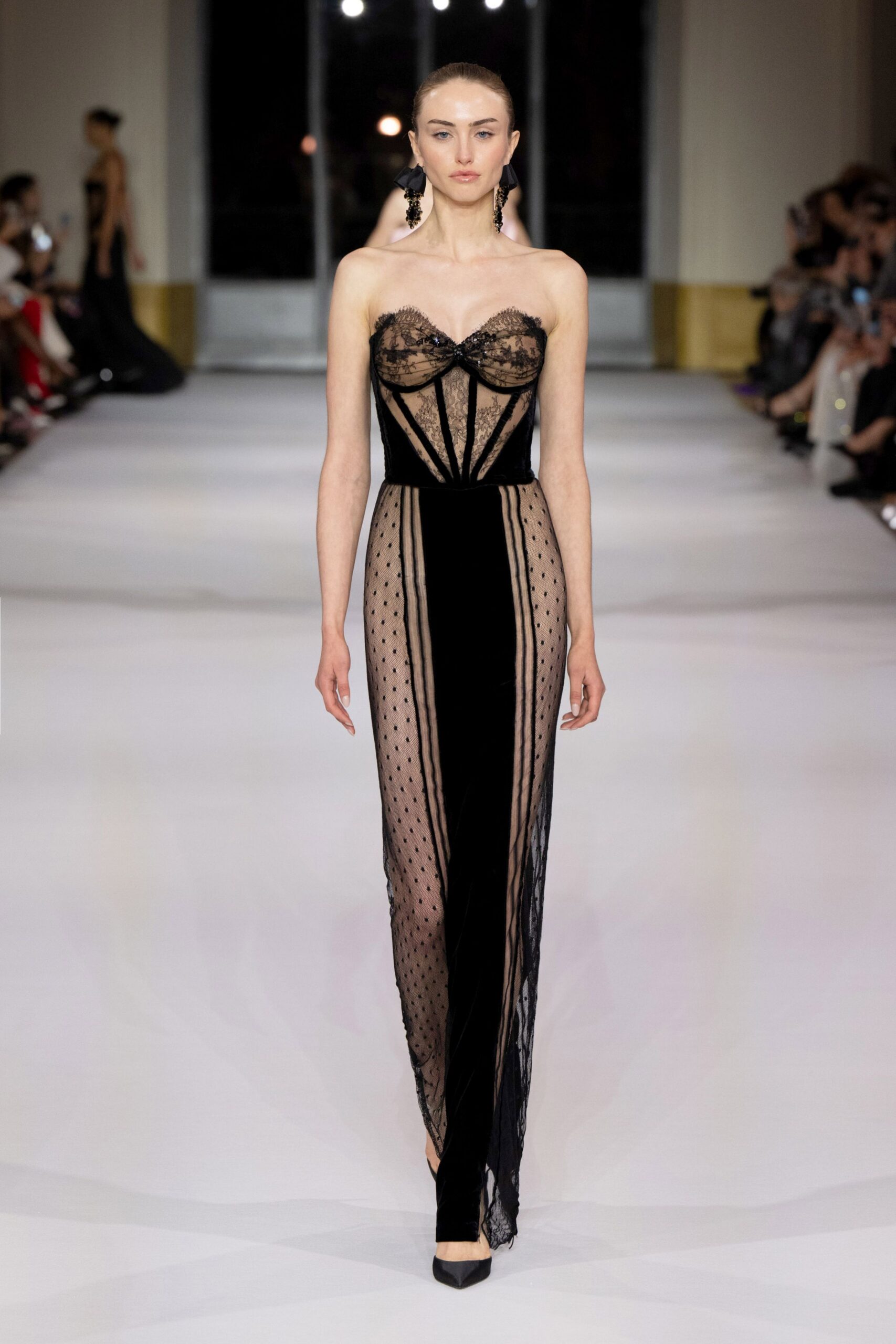 black silk strapless fitted pleated sheer flowing gown