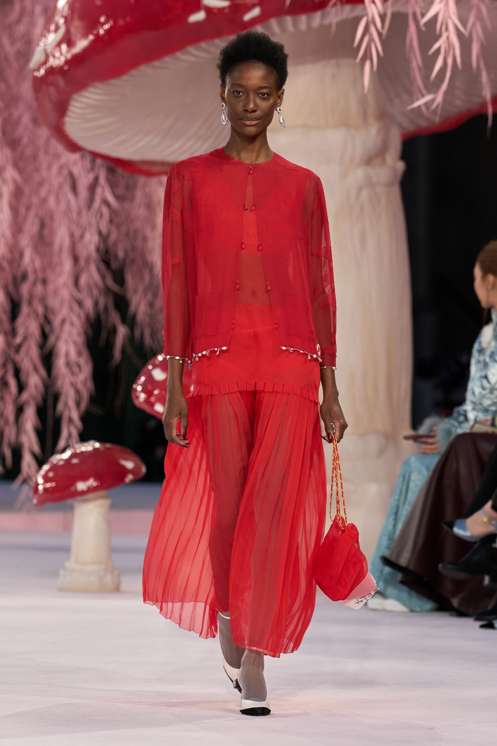 red chiffon long-sleeve collared relaxed pleated sheer top