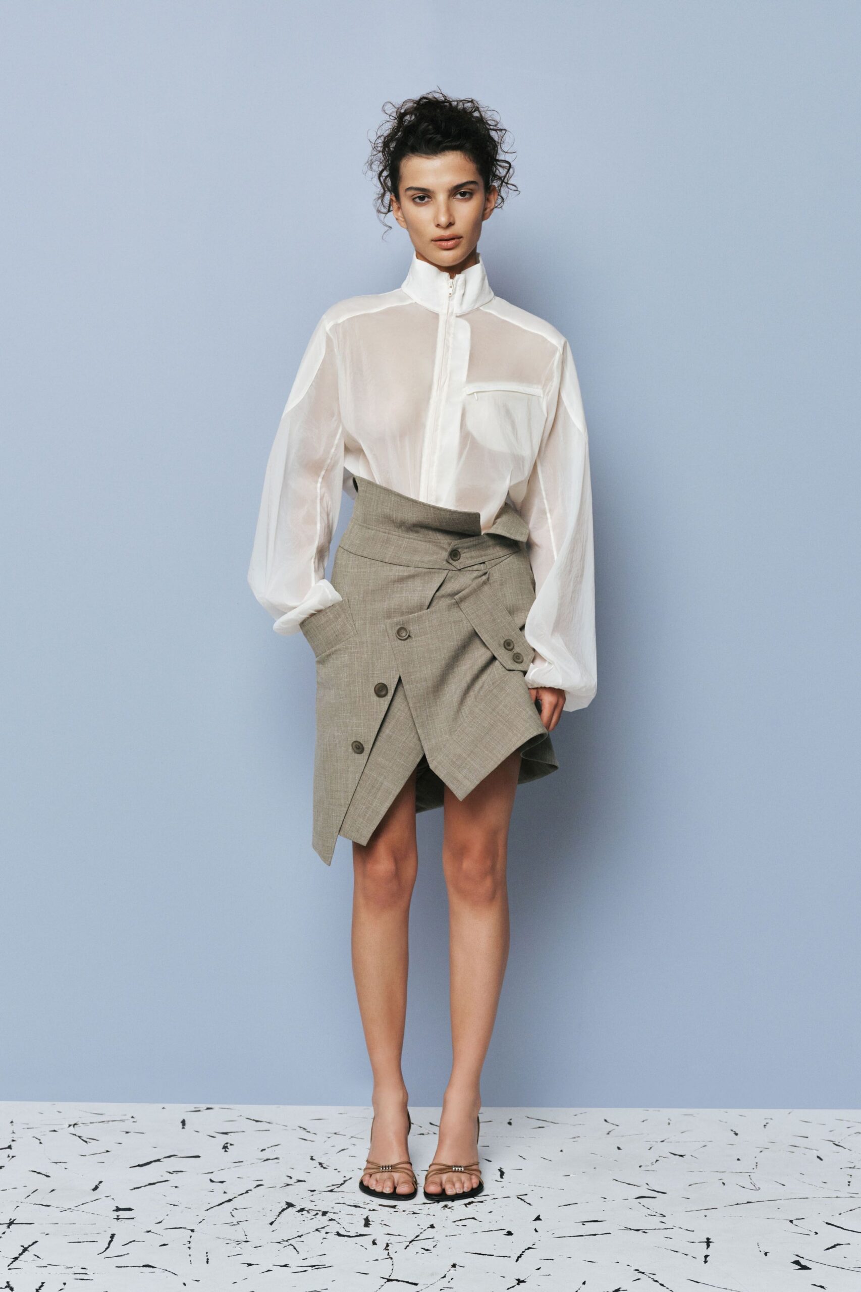 beige cotton asymmetric fitted buttoned skirt