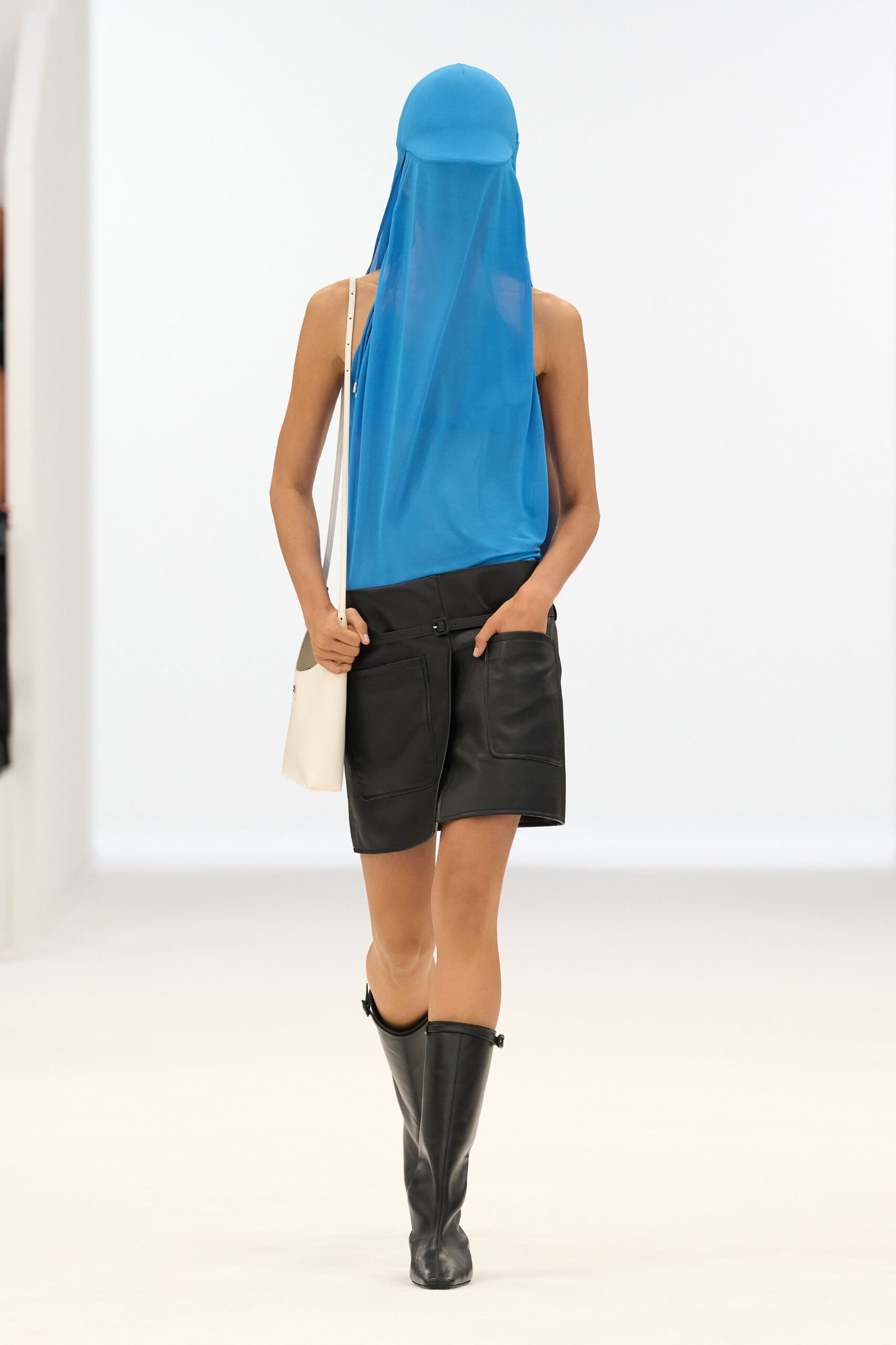 blue chiffon sleeveless high-neck fitted sheer top