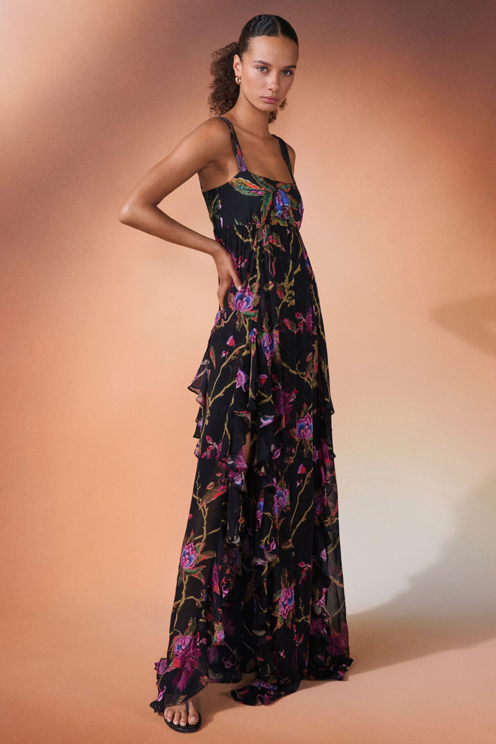 black floral tiered maxi dress