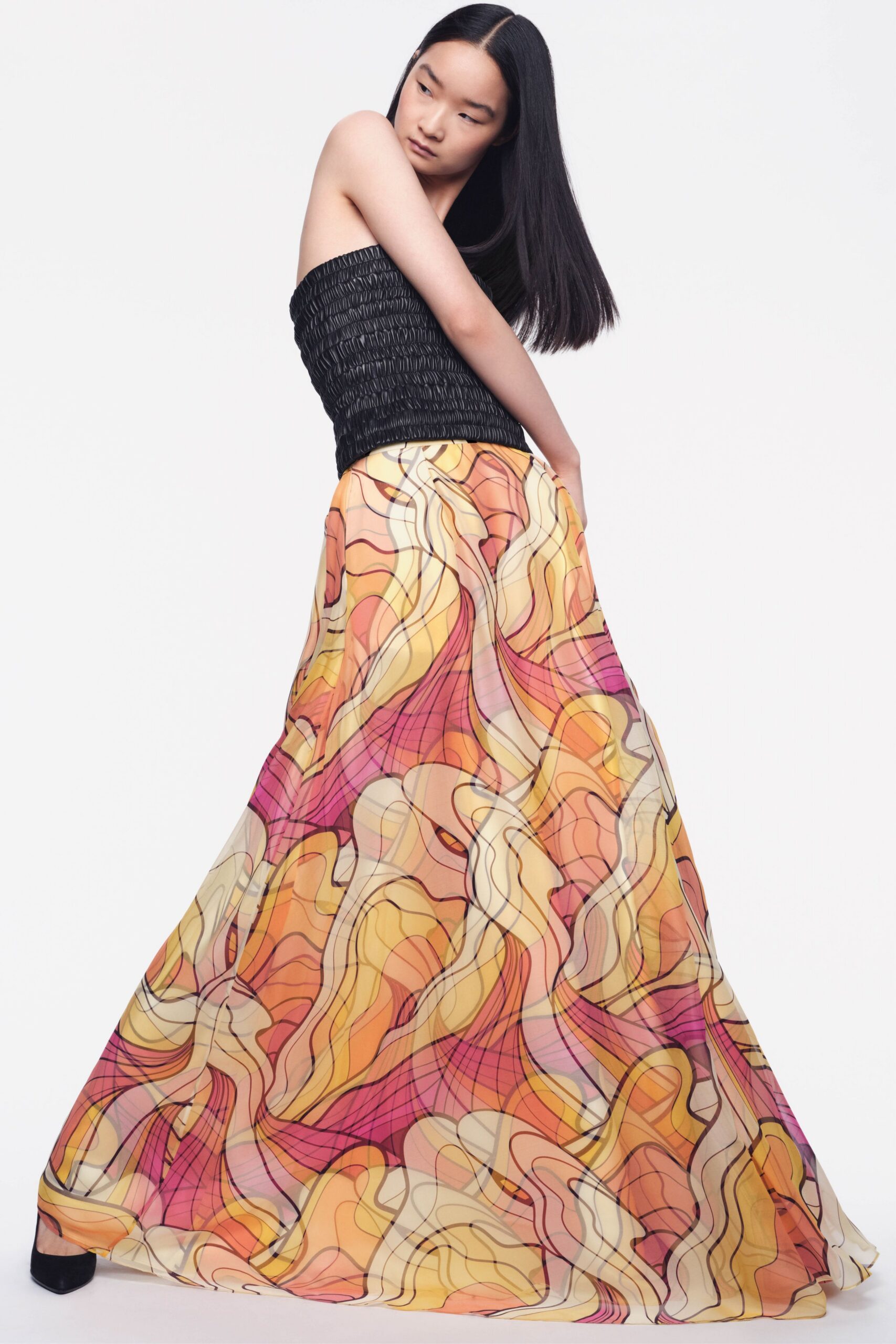 black strapless flowing gown