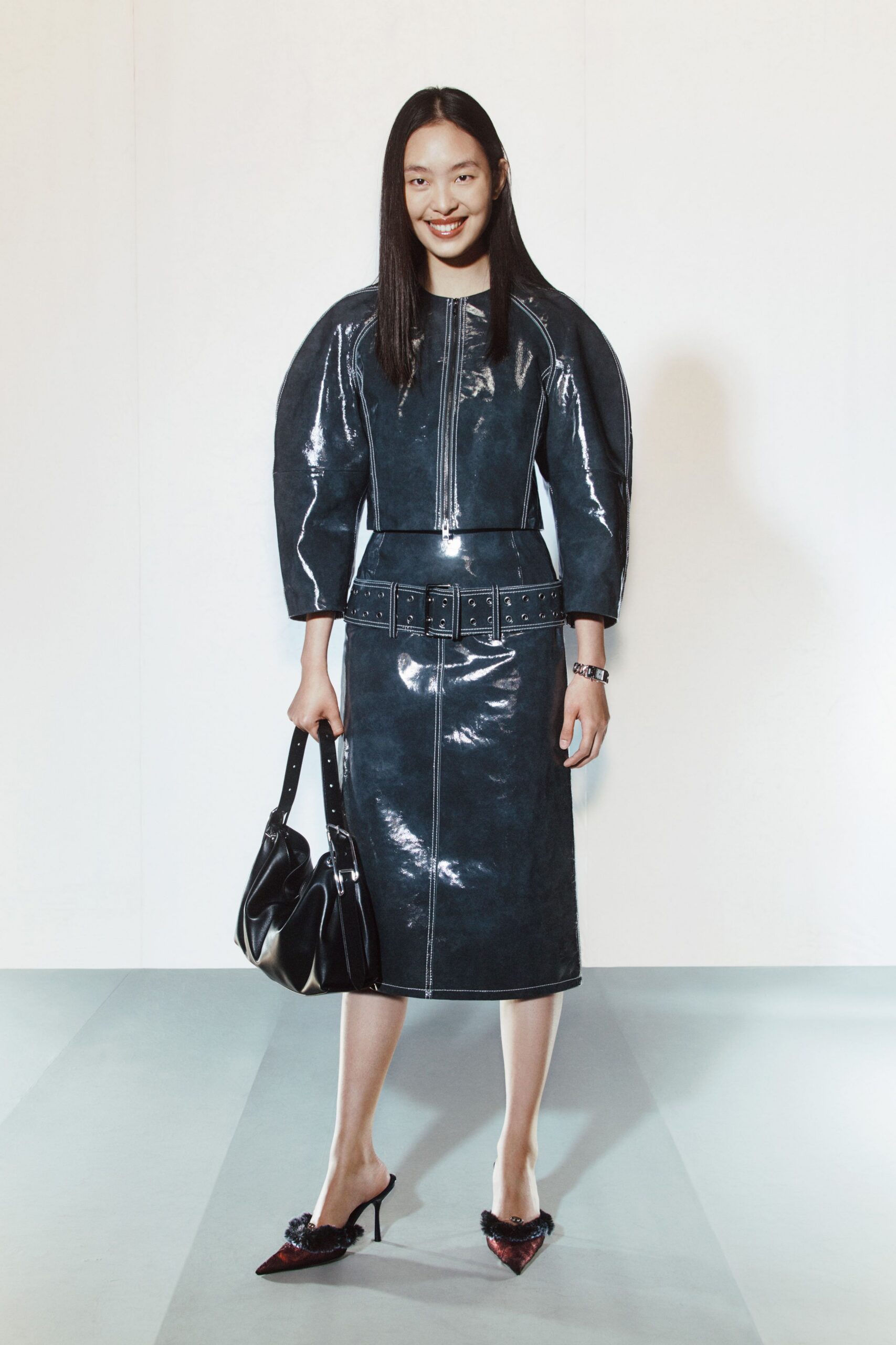 black leather long-sleeve collared fitted zippered pencil dress