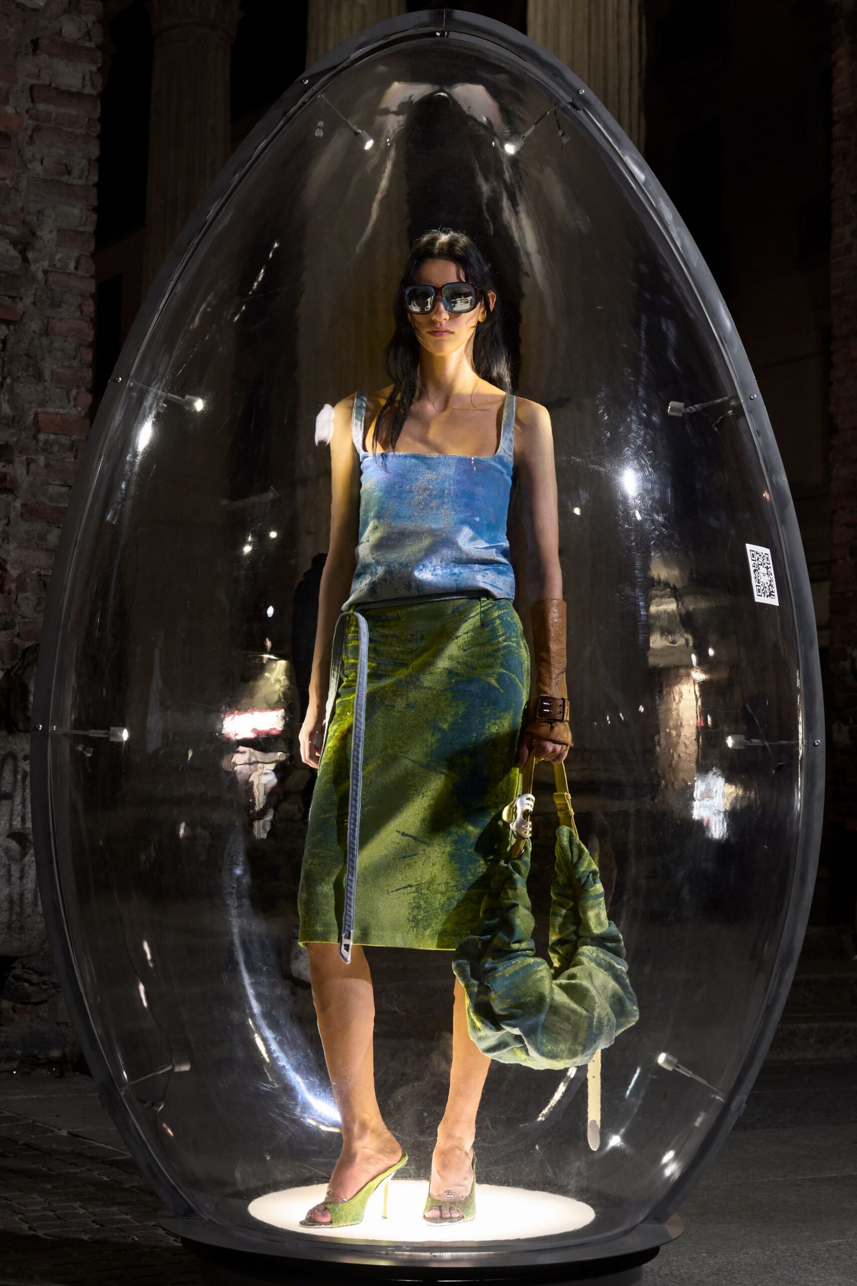 blue green silk top midi skirt