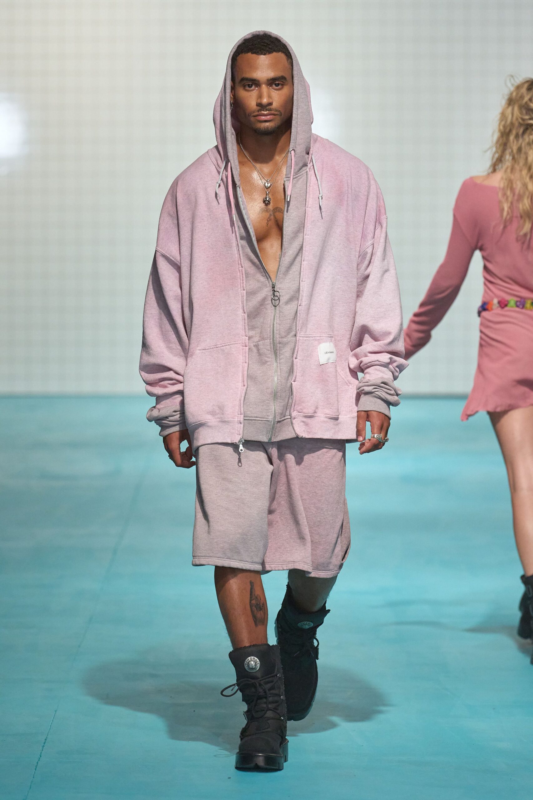 pink relaxed hoodie with gray shorts