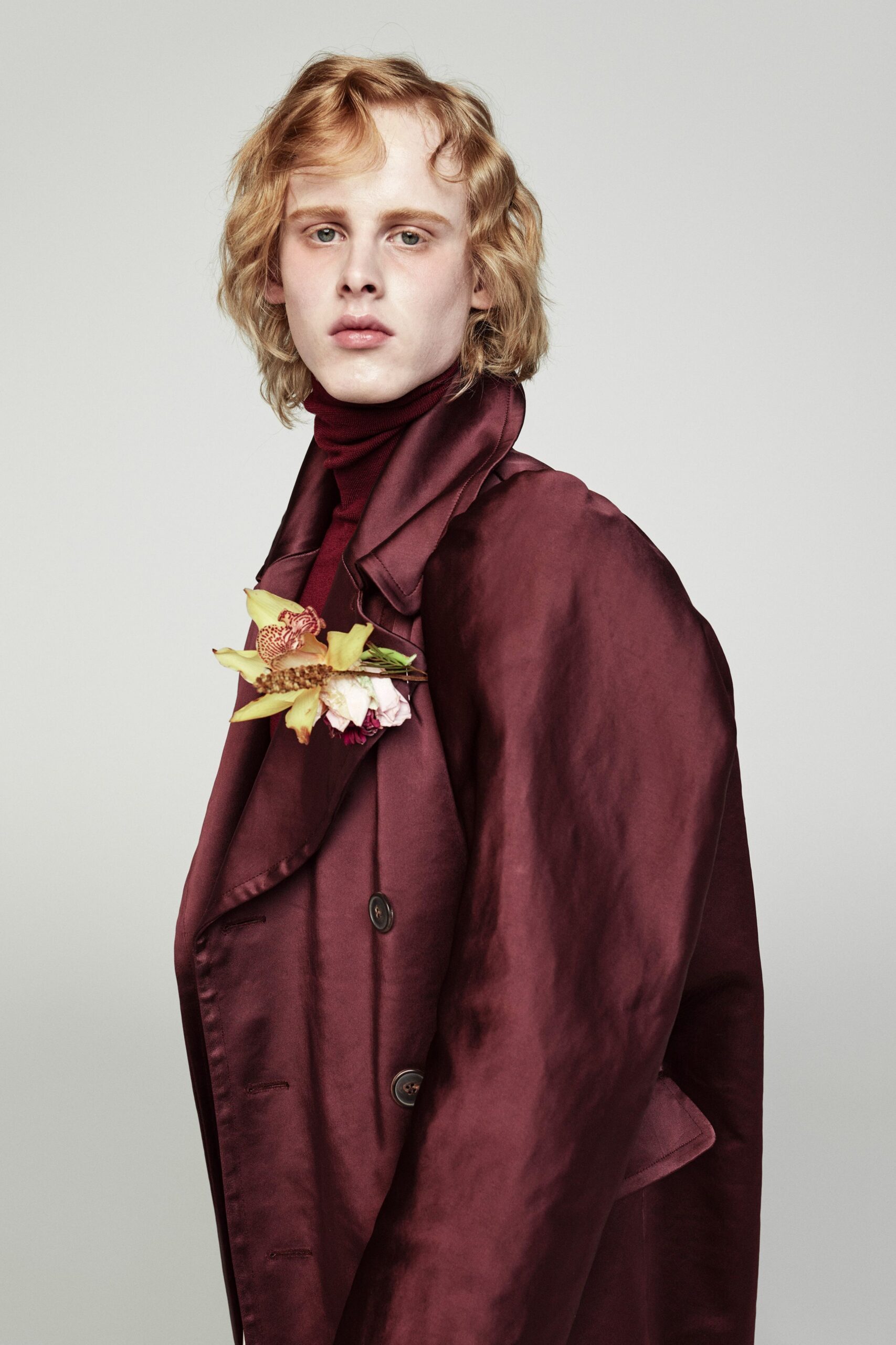 maroon silk long-sleeve collared relaxed draped shiny coat