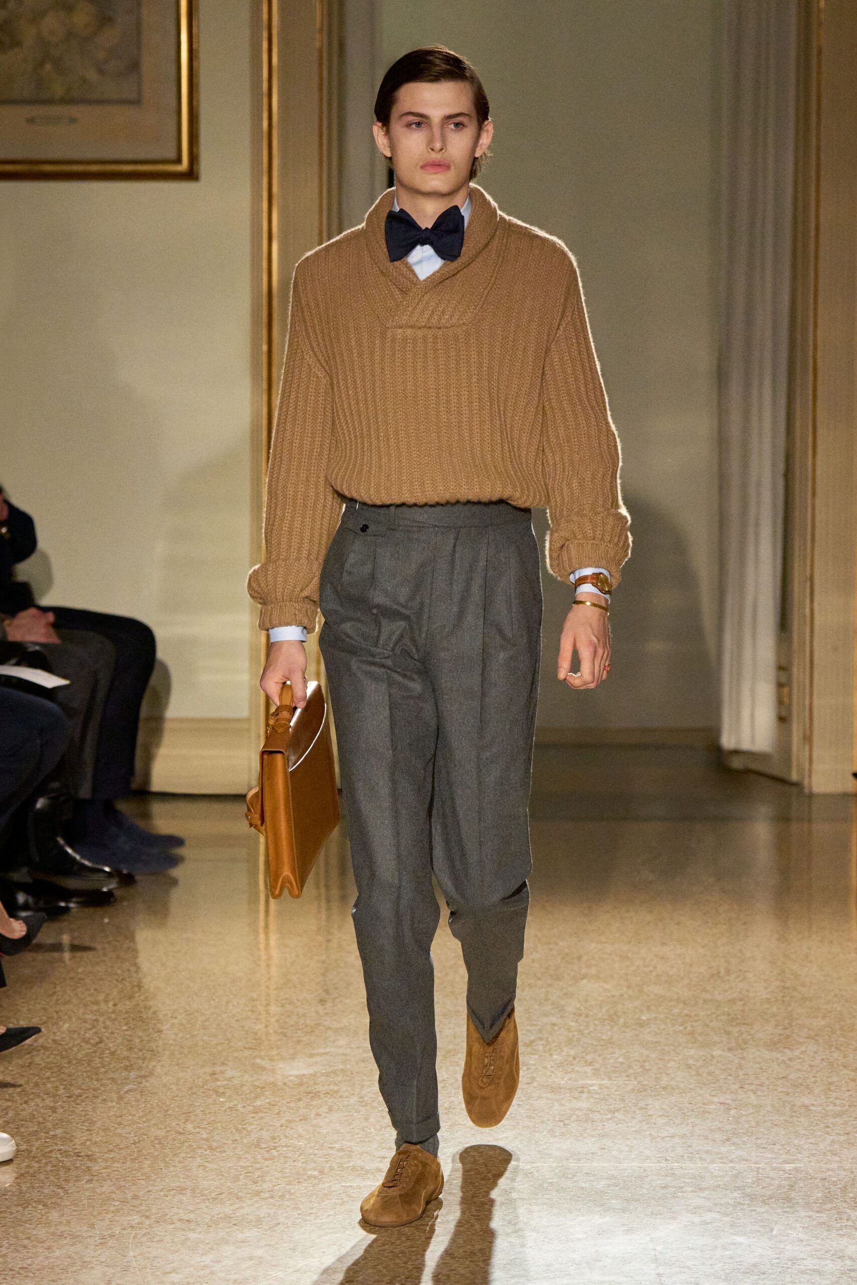 beige wool relaxed sweater with gray tailored pants
