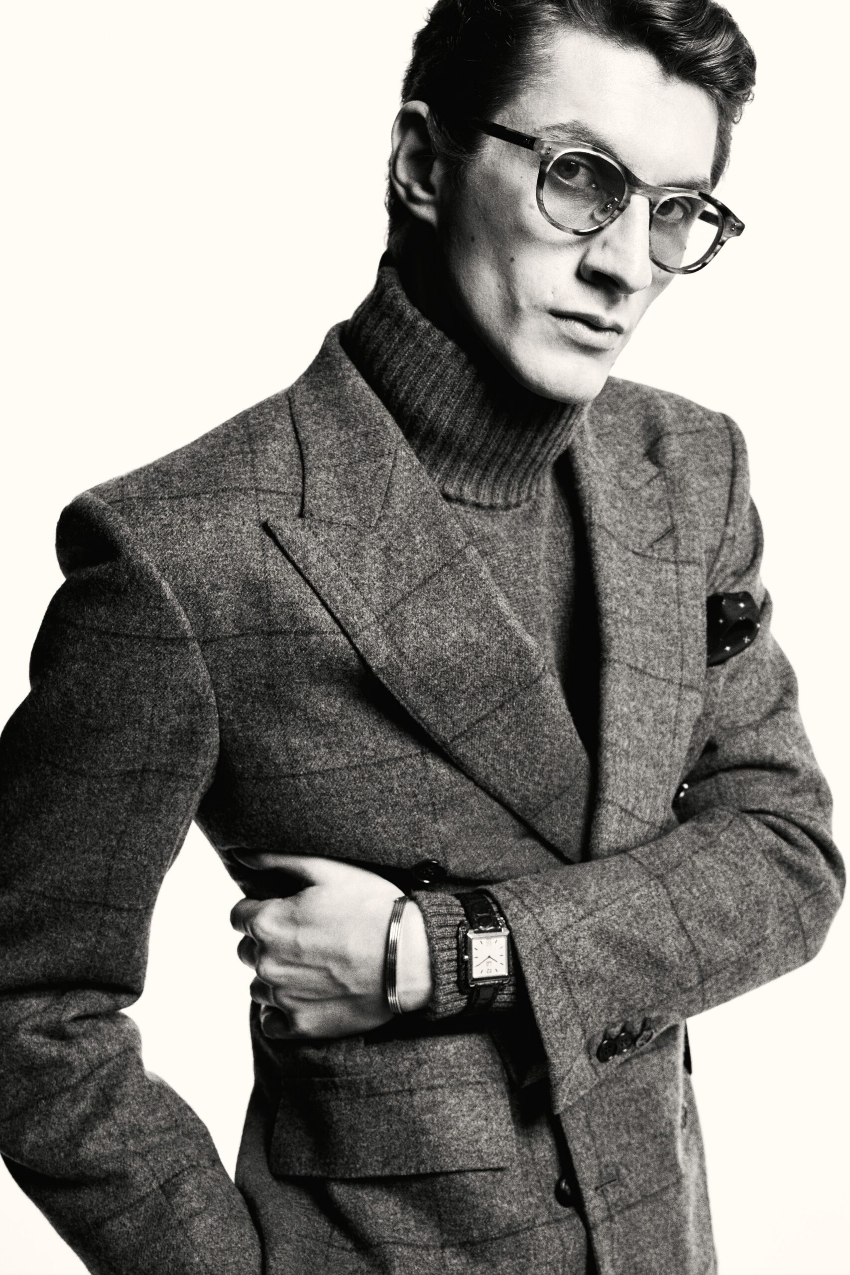 gray wool blazer with turtleneck