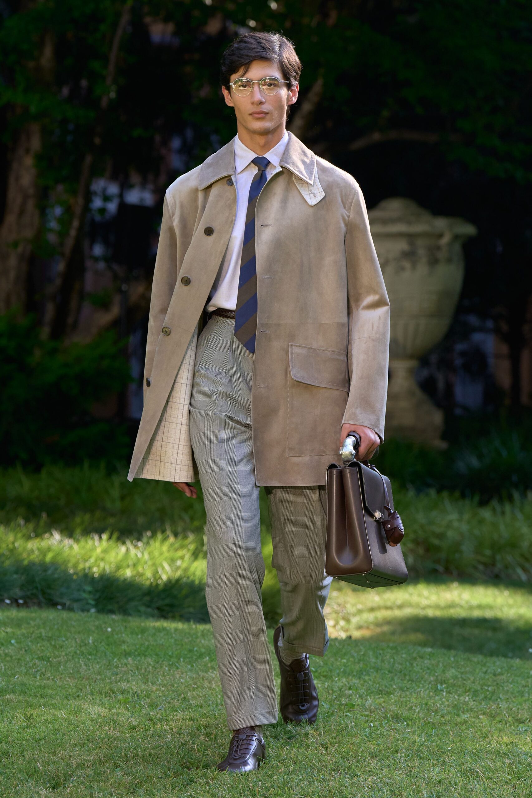 beige leather coat gray pants