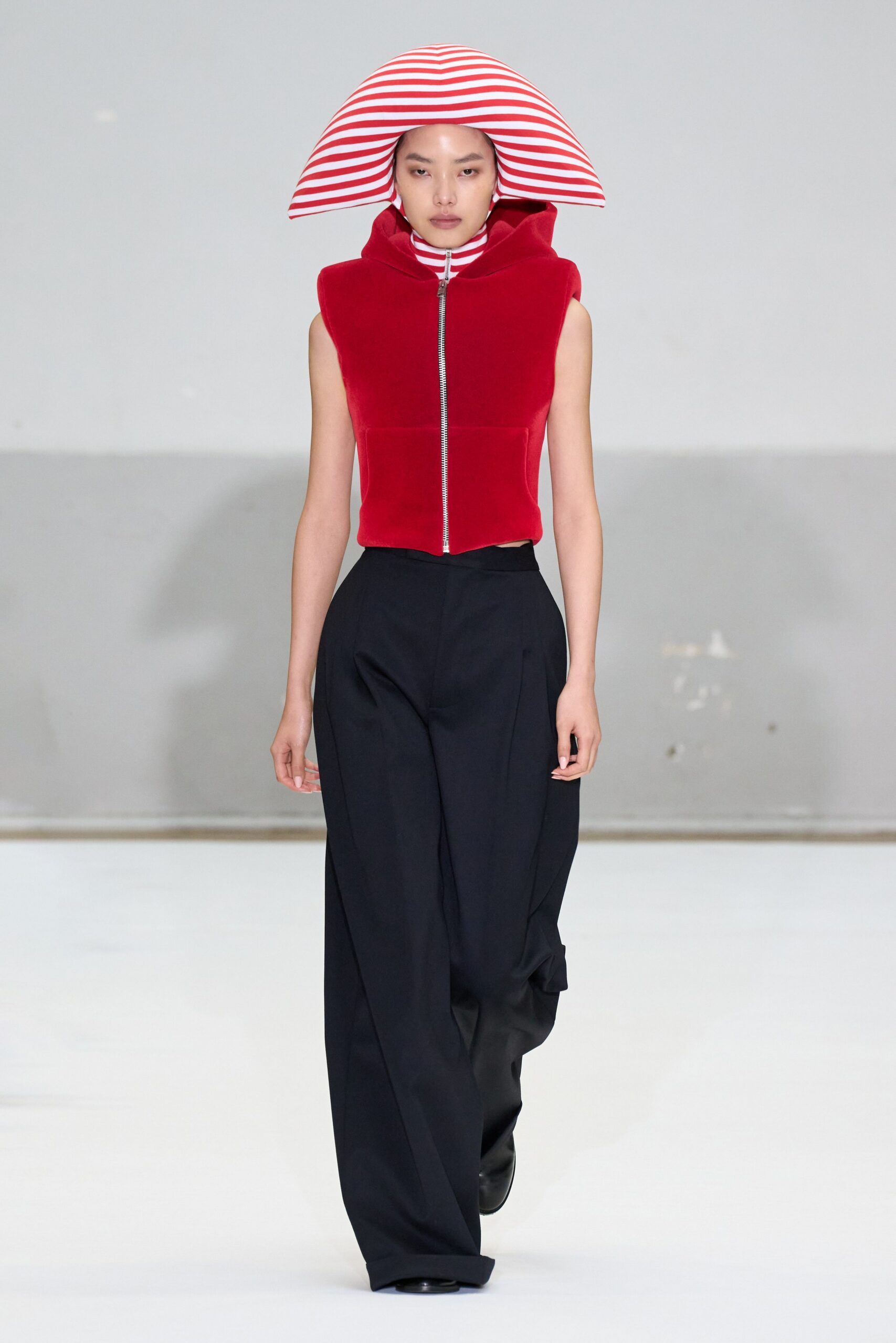 red fitted top with striped hat