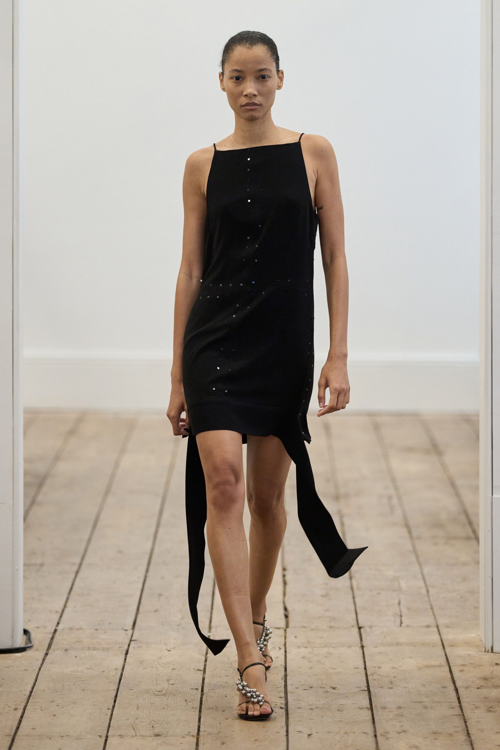 black silk sleeveless mini dress