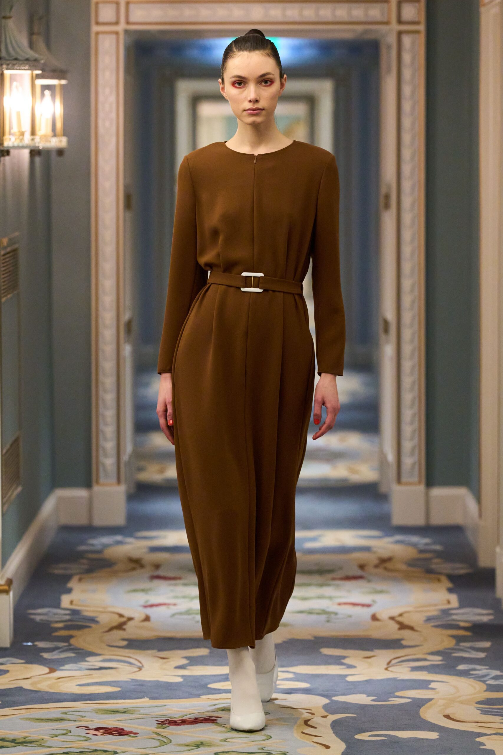 brown silk long-sleeve collared fitted belted midi dress