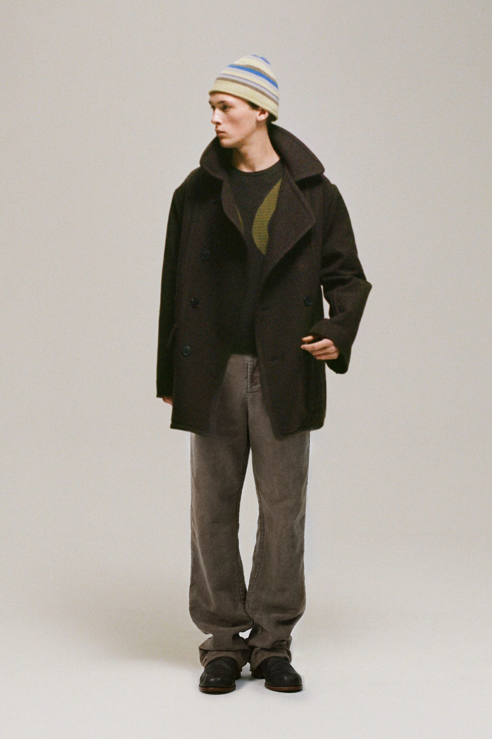 brown wool long-sleeve collared relaxed coat