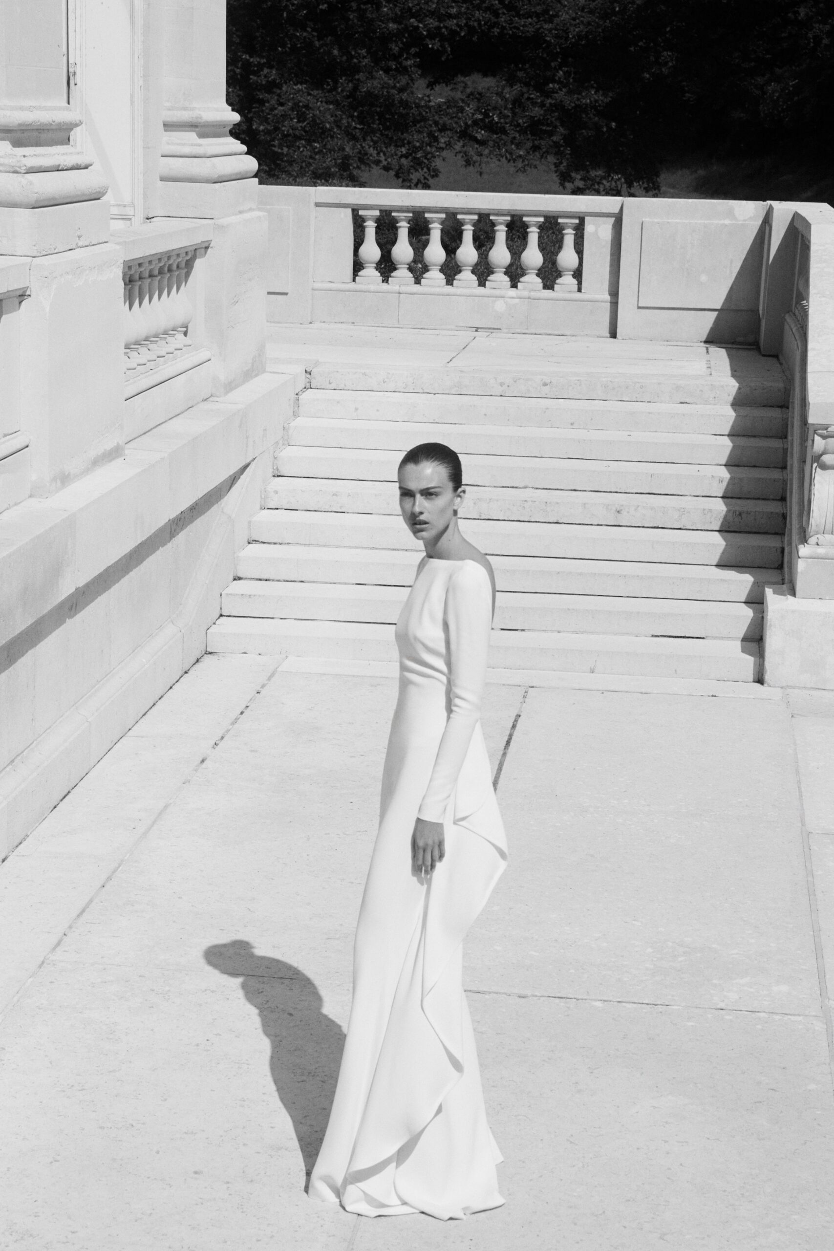 white silk fitted gown