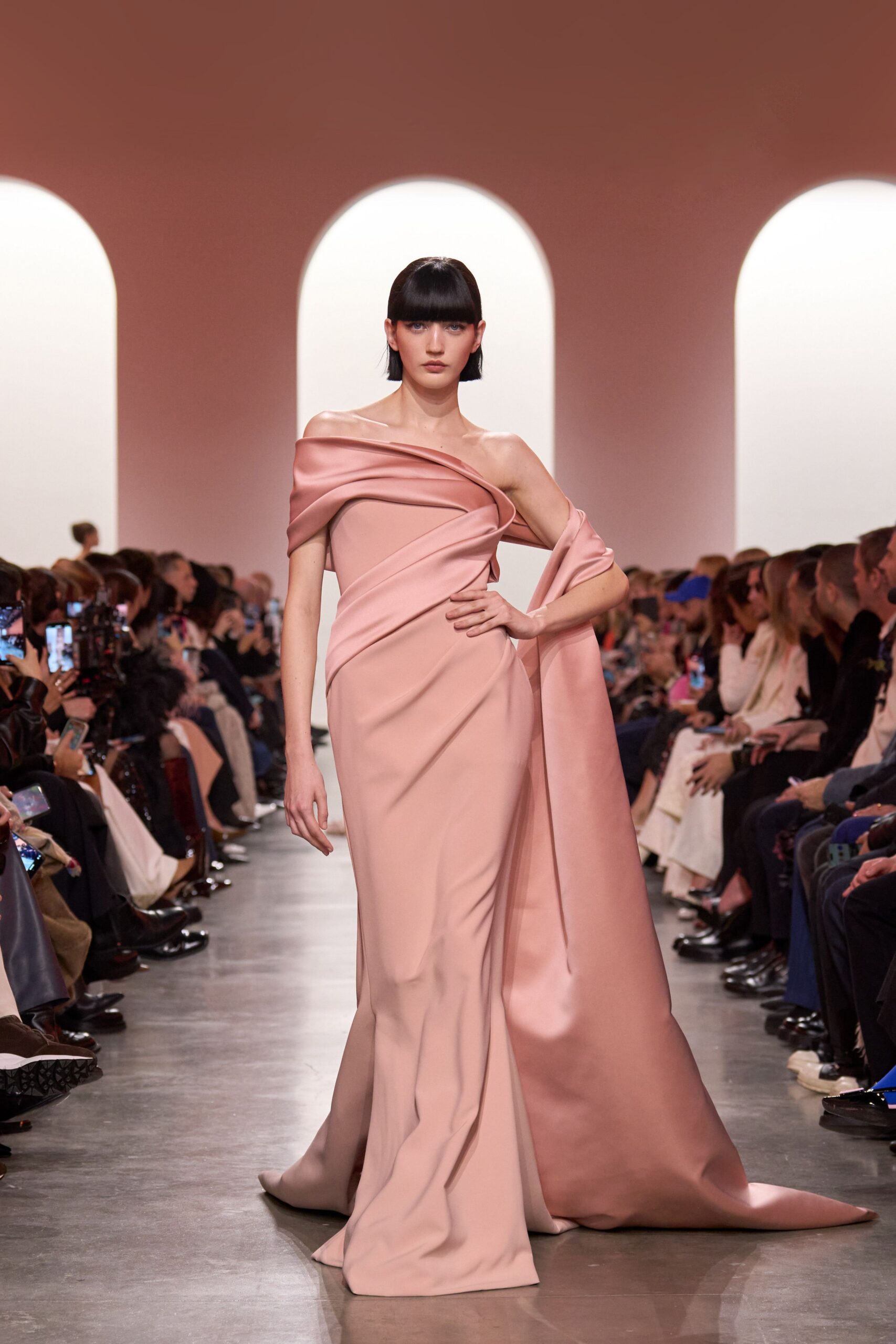 fitted pink silk off-shoulder gown