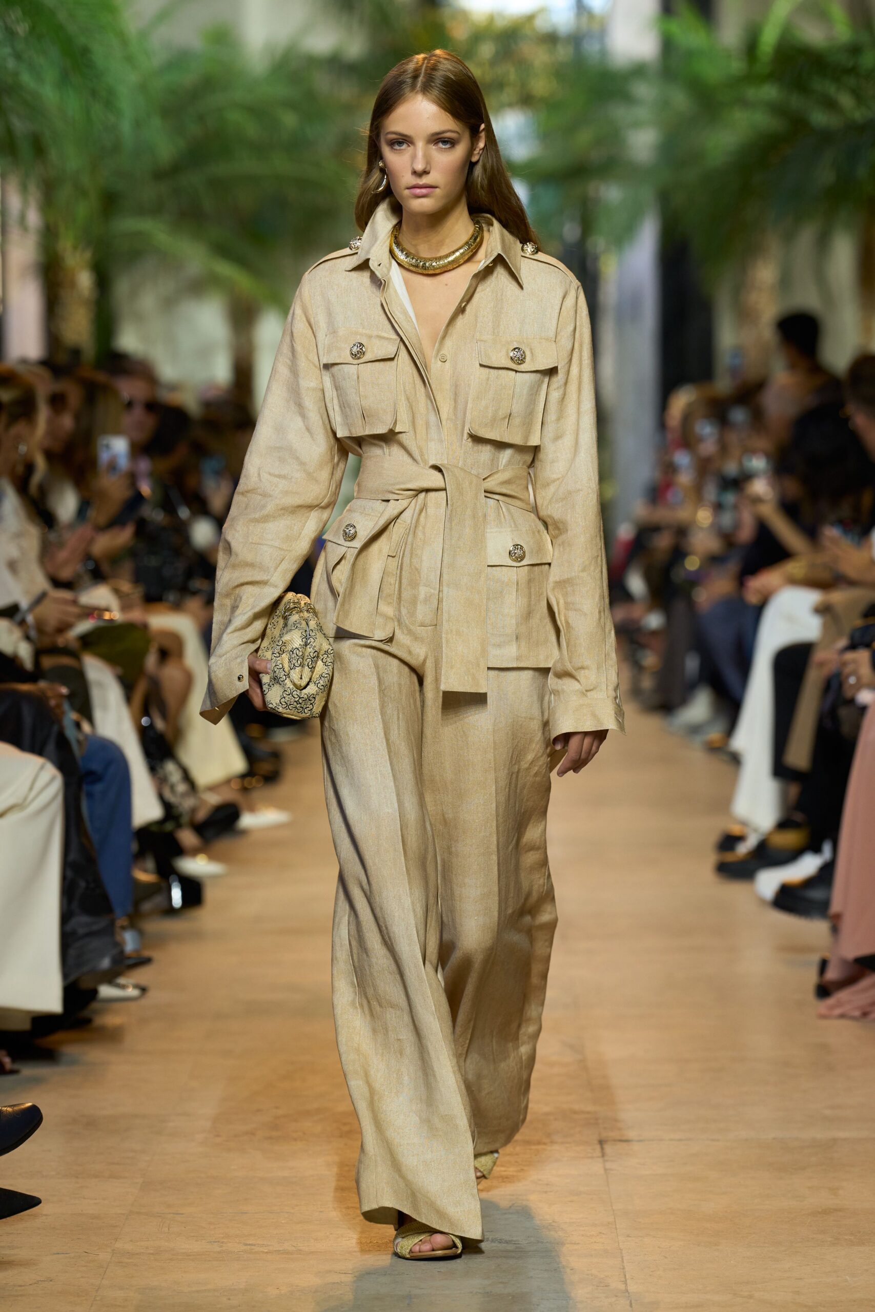 beige linen long-sleeve collared relaxed buttoned pockets jacket