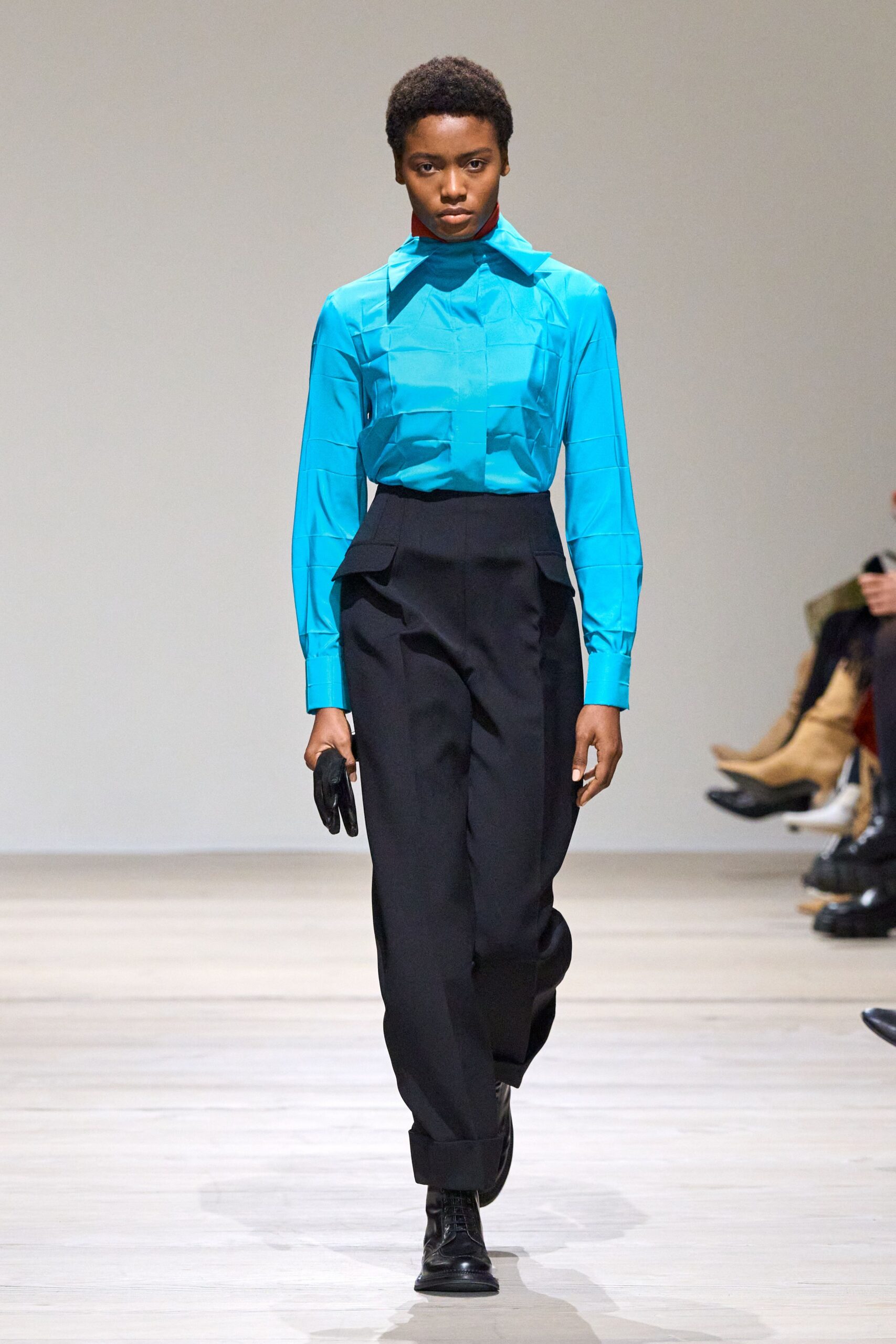 blue fitted shirt black tailored pants