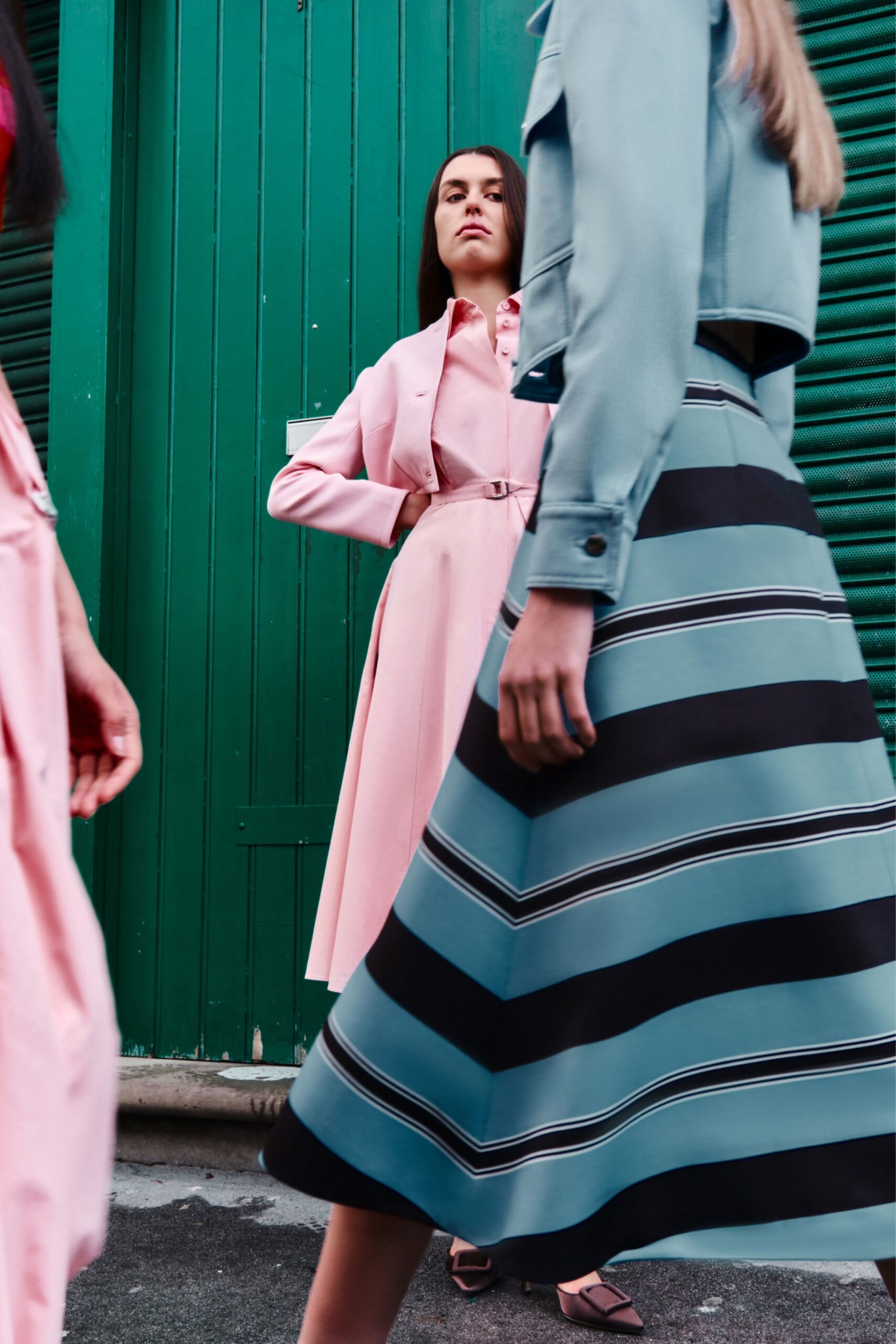 pink cotton long-sleeve collared fitted buttoned a-line dress
