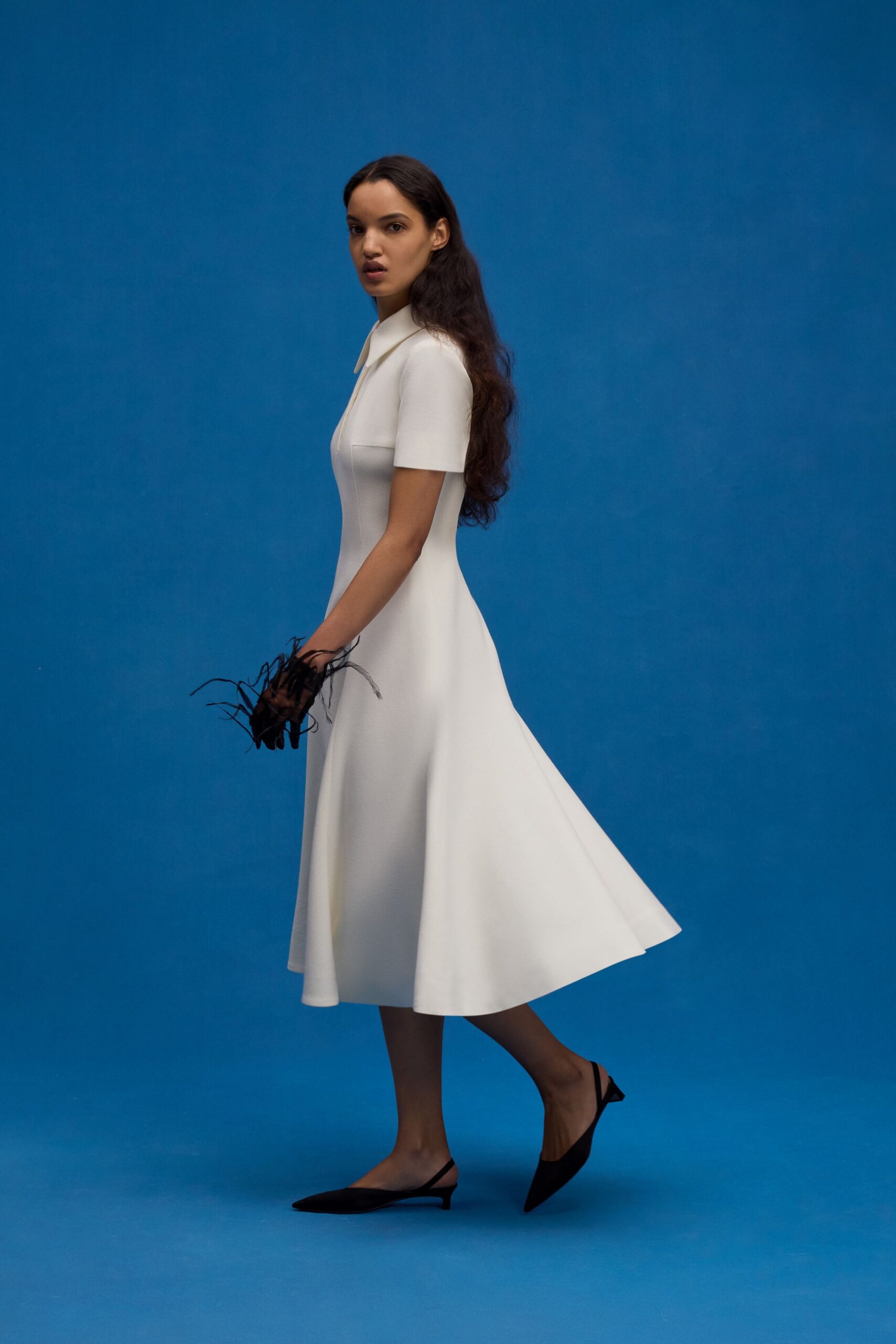white midi dress with black shoes