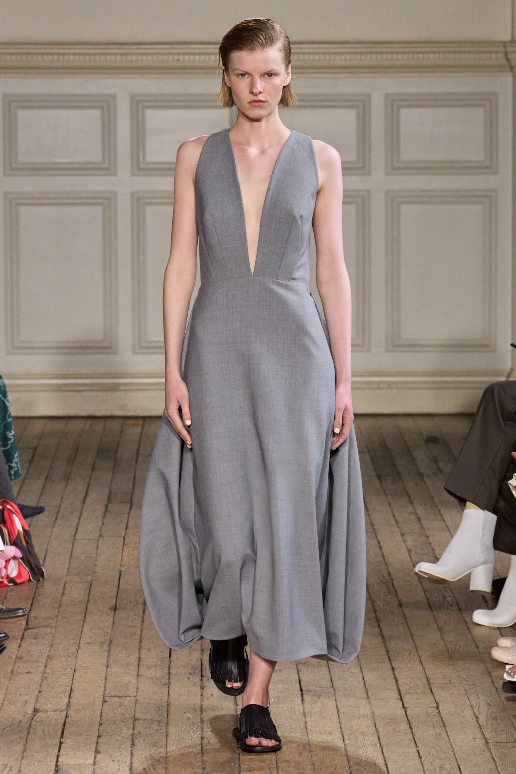 gray sleeveless draped dress