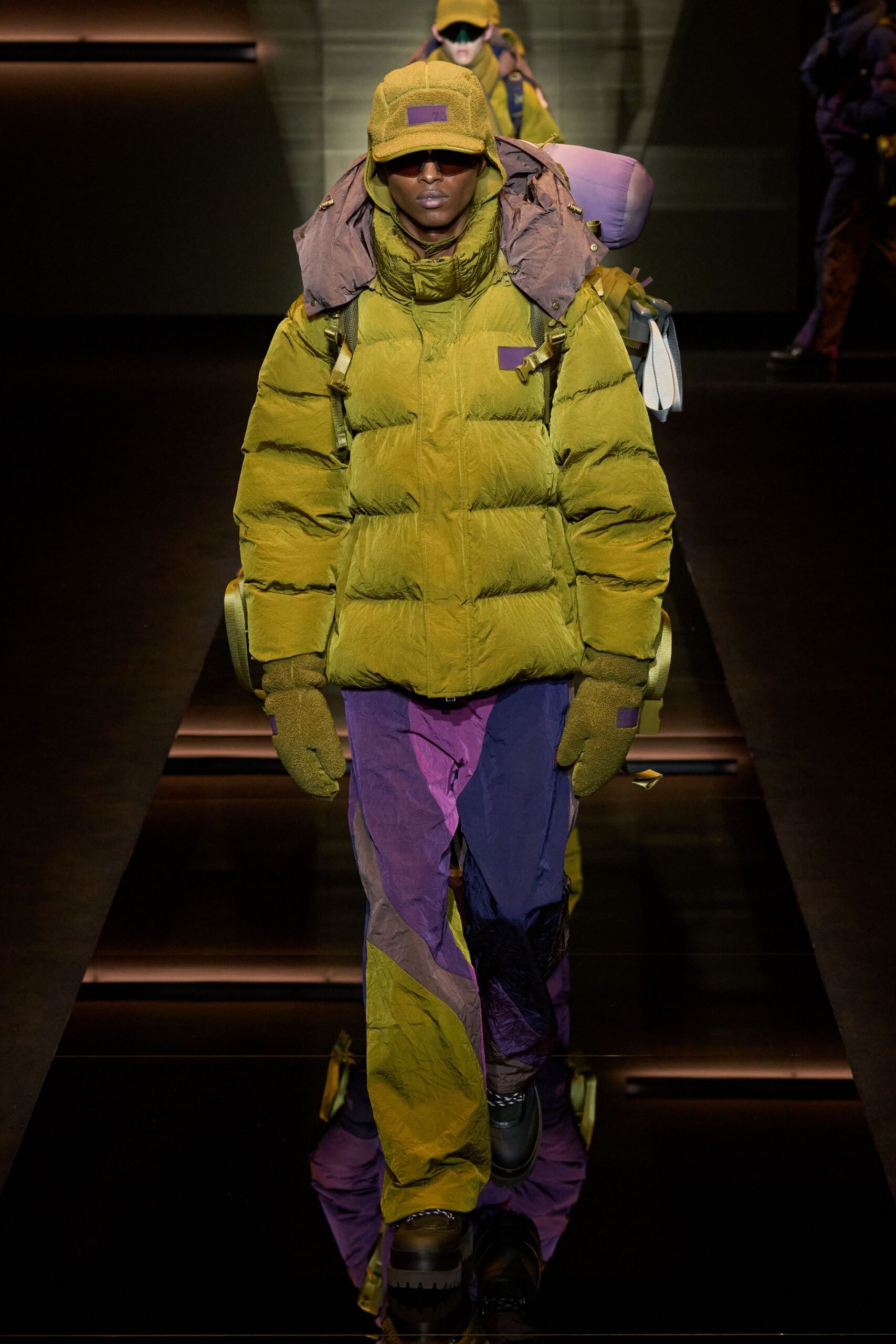 green puffer jacket with cargo pants