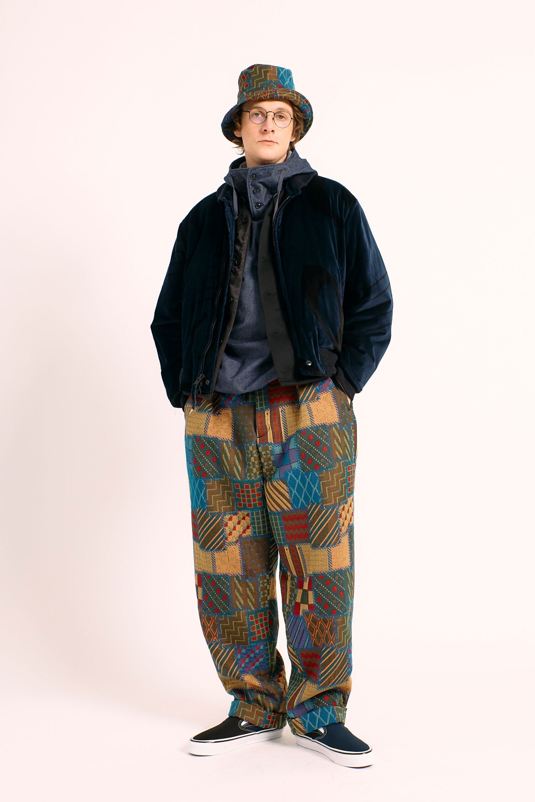 black velvet jacket with multi pants