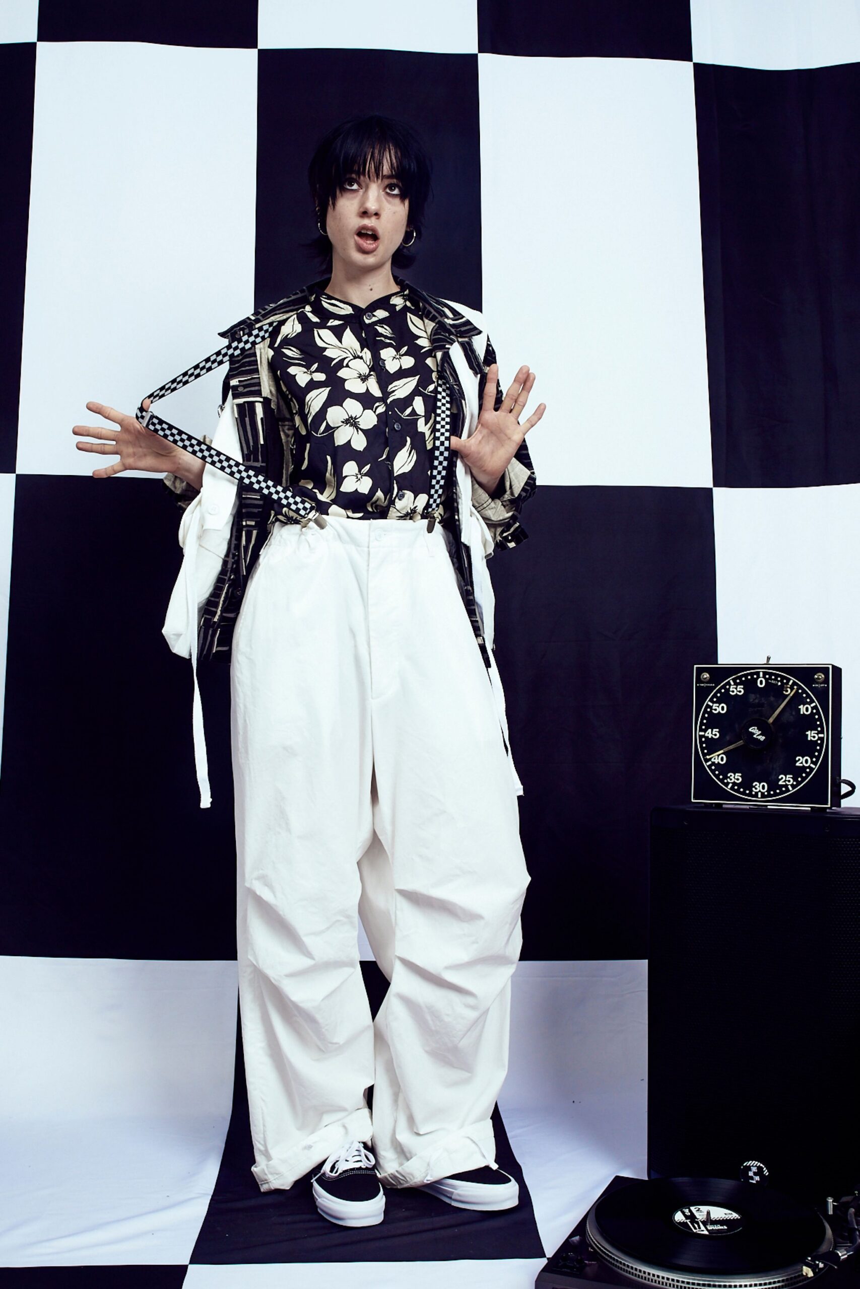 floral shirt oversized jacket wide-leg pants