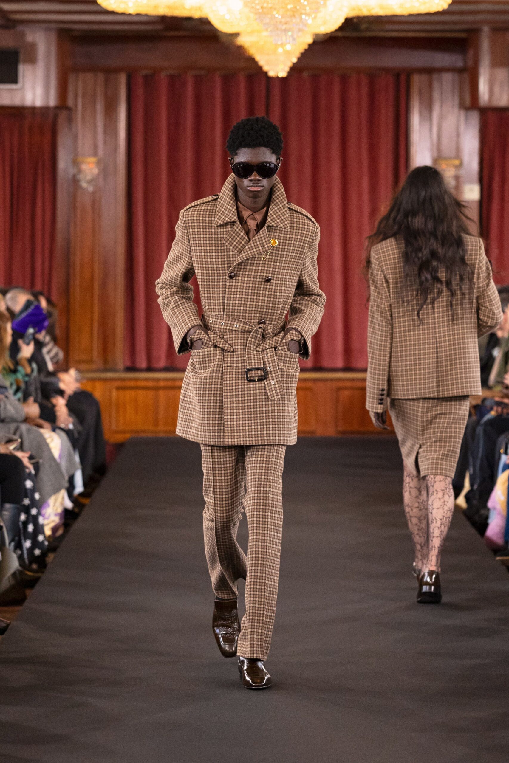 brown wool long-sleeve collared structured checked belted coat