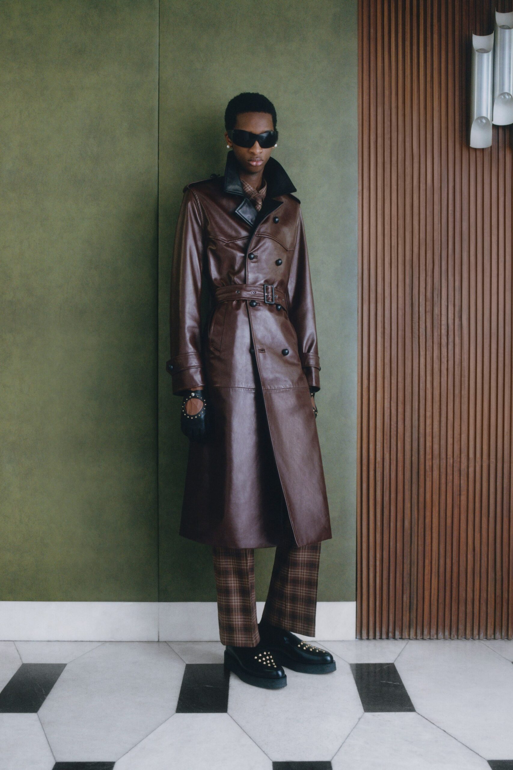 brown leather long-sleeve collared fitted belted midi trench