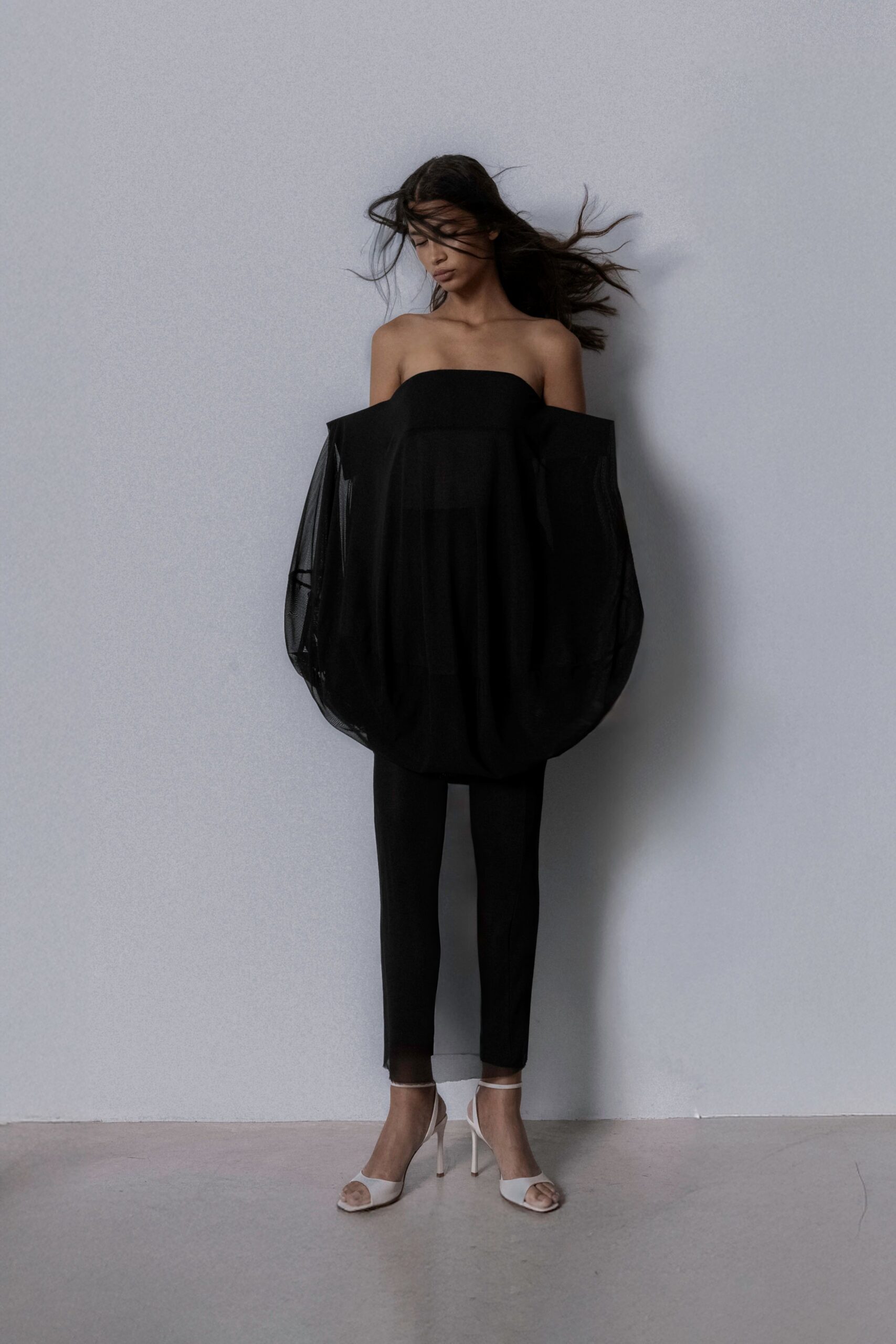 black silk sleeveless off-shoulder oversized draped flowing top