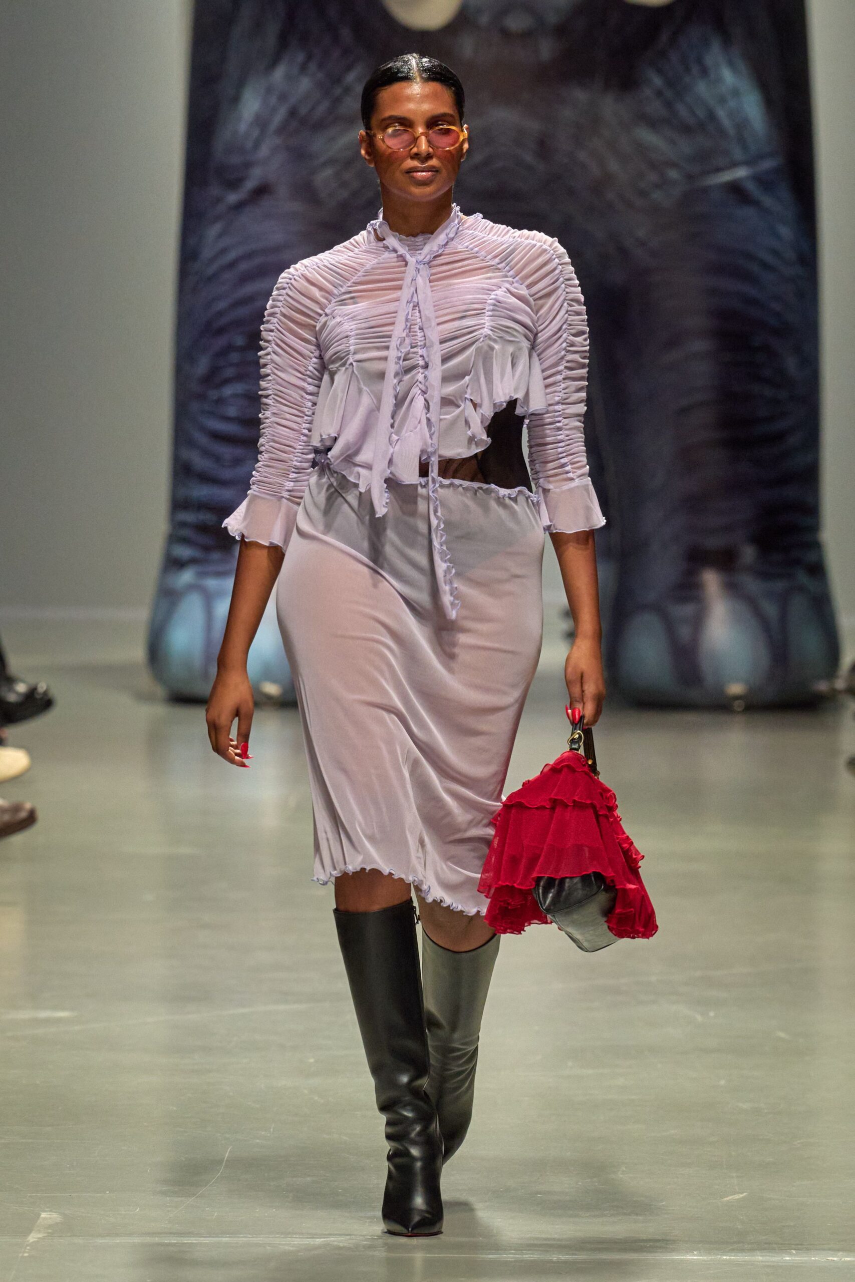 lavender silk long-sleeve collared fitted pleated draped dress