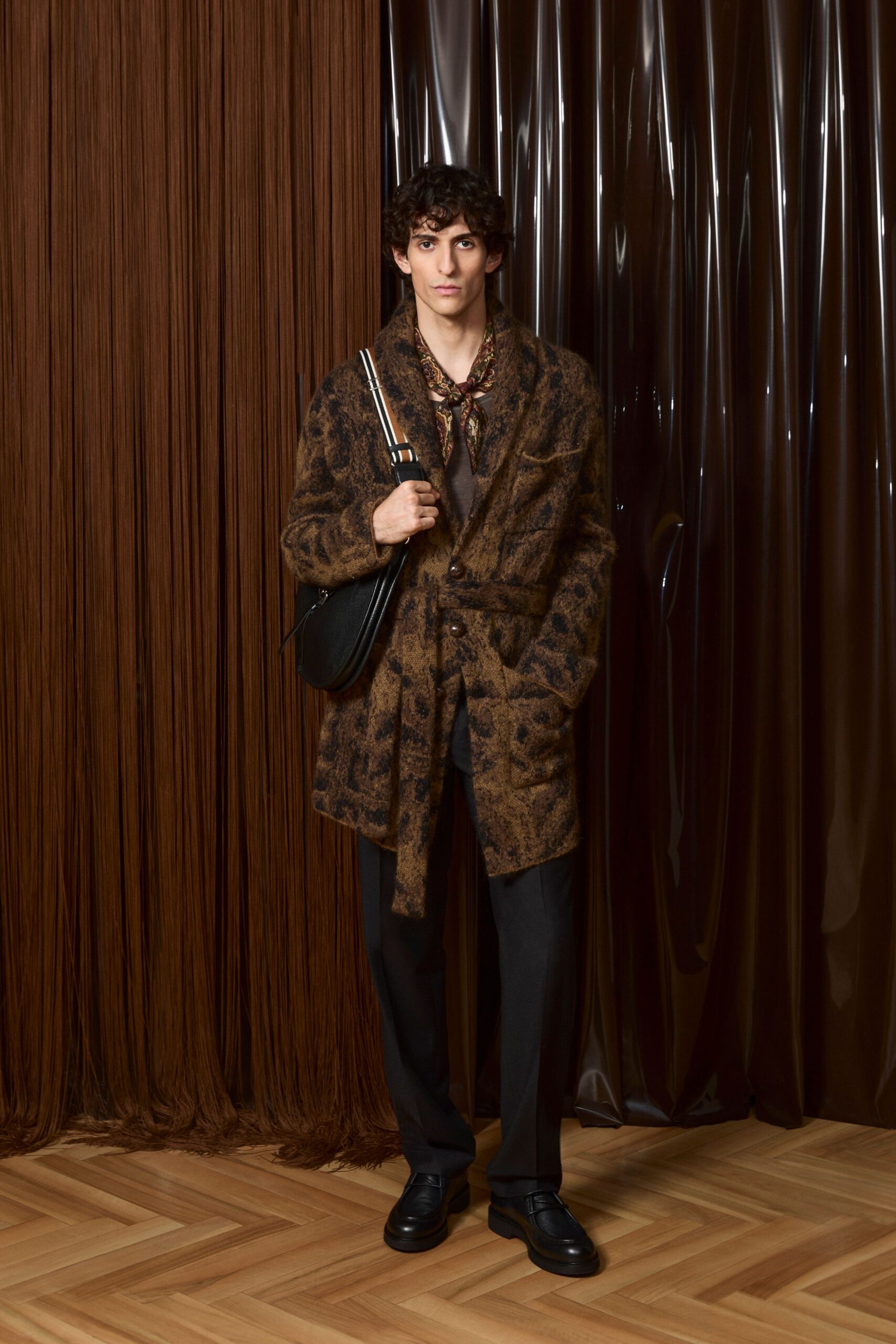 brown wool coat with scarf