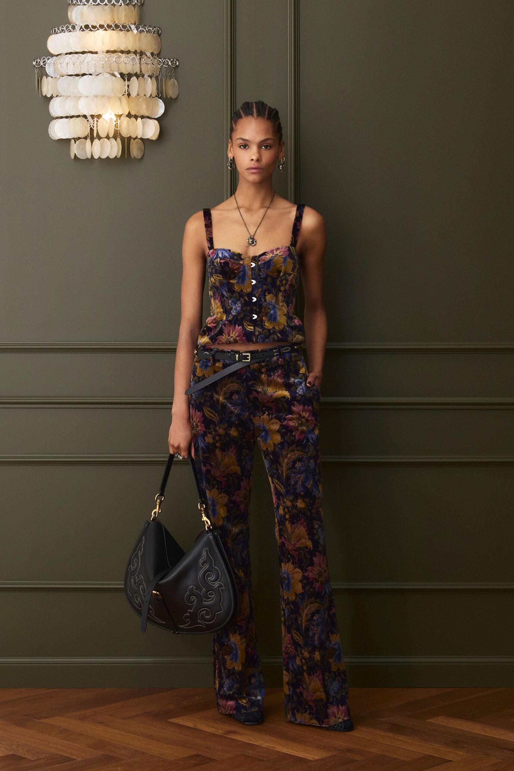 multi velvet sleeveless v-neck fitted flared embroidered jumpsuit