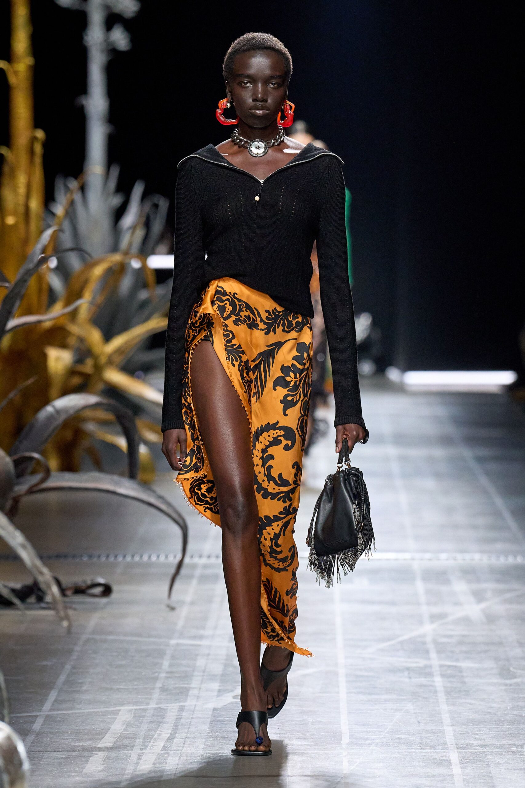 orange silk slit fitted high-waisted printed midi skirt