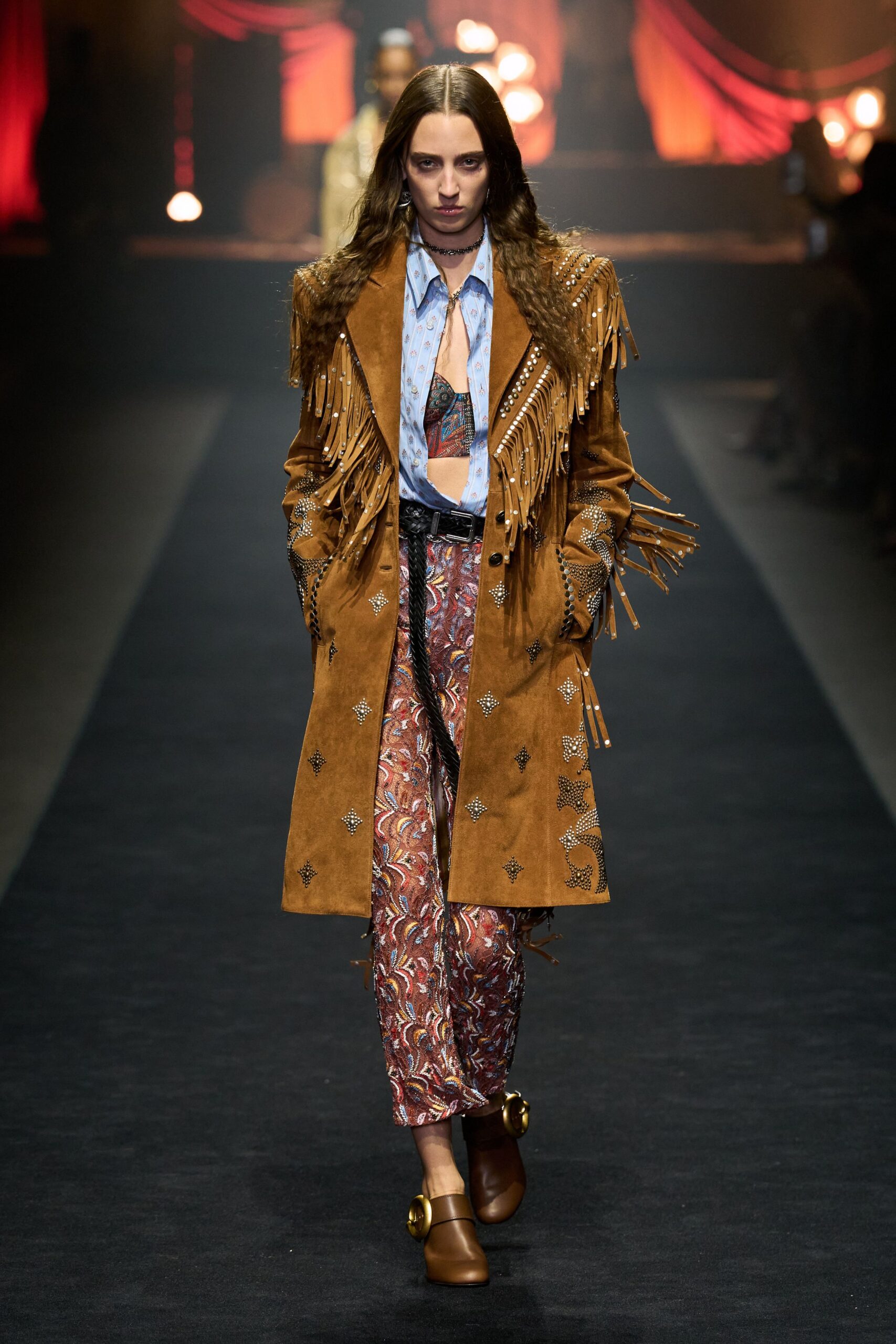 brown suede long-sleeve collared fitted fringed embroidered coat