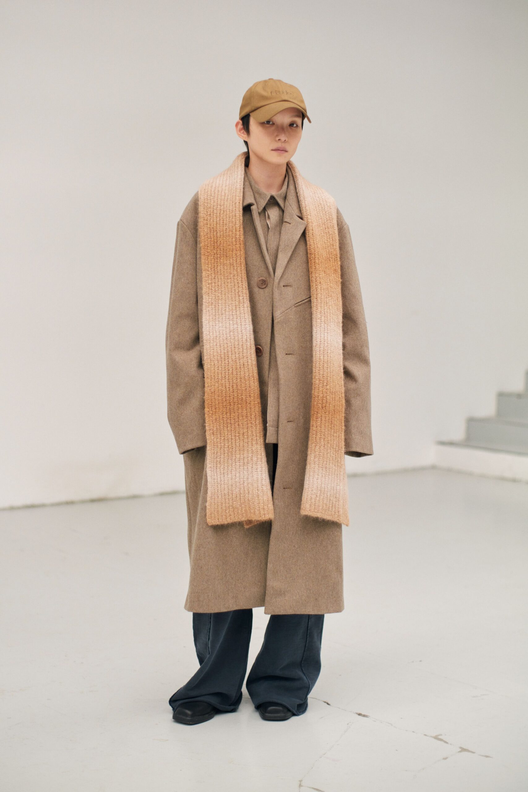 beige wool coat with scarf