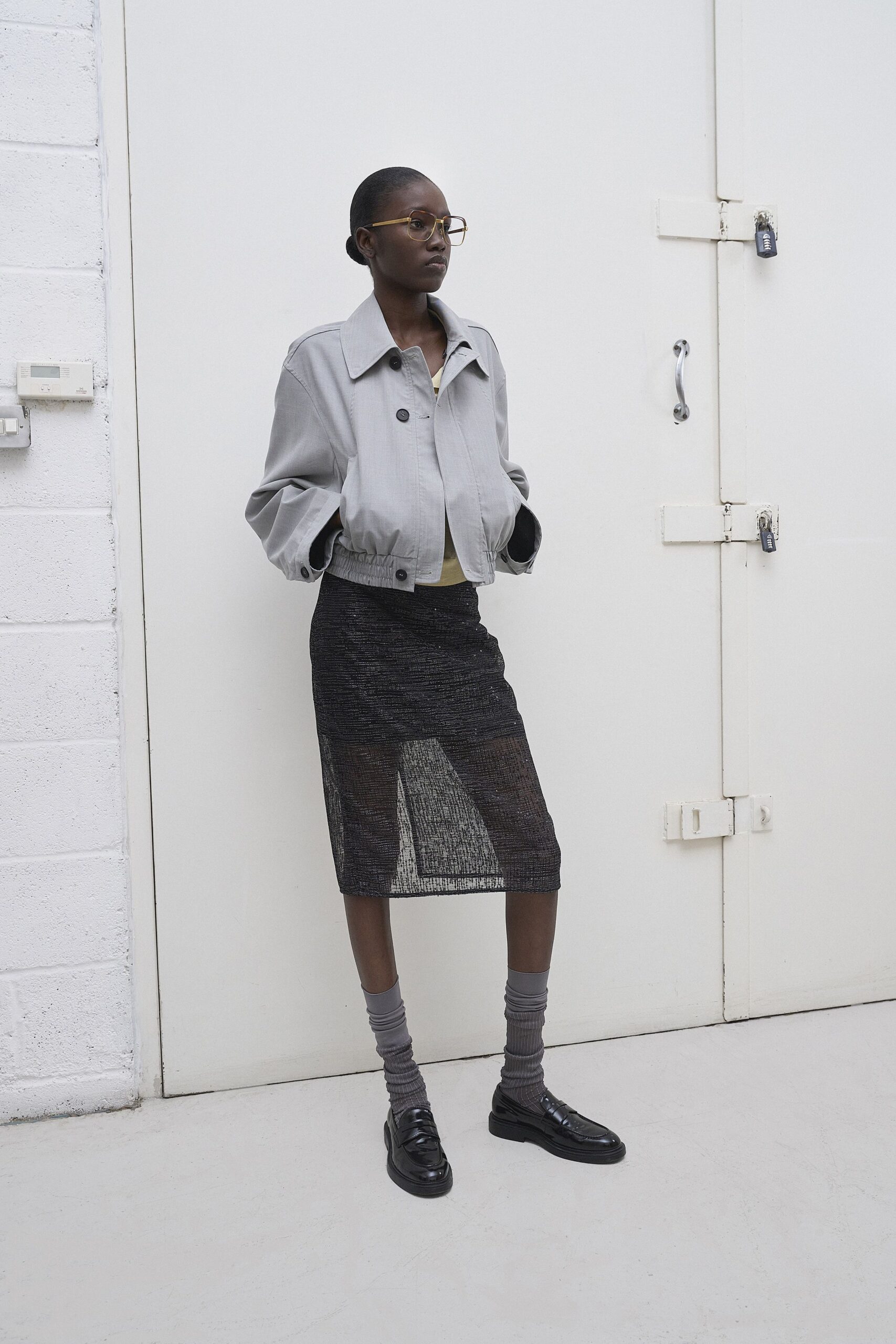 black mesh fitted straight-leg sheer skirt
