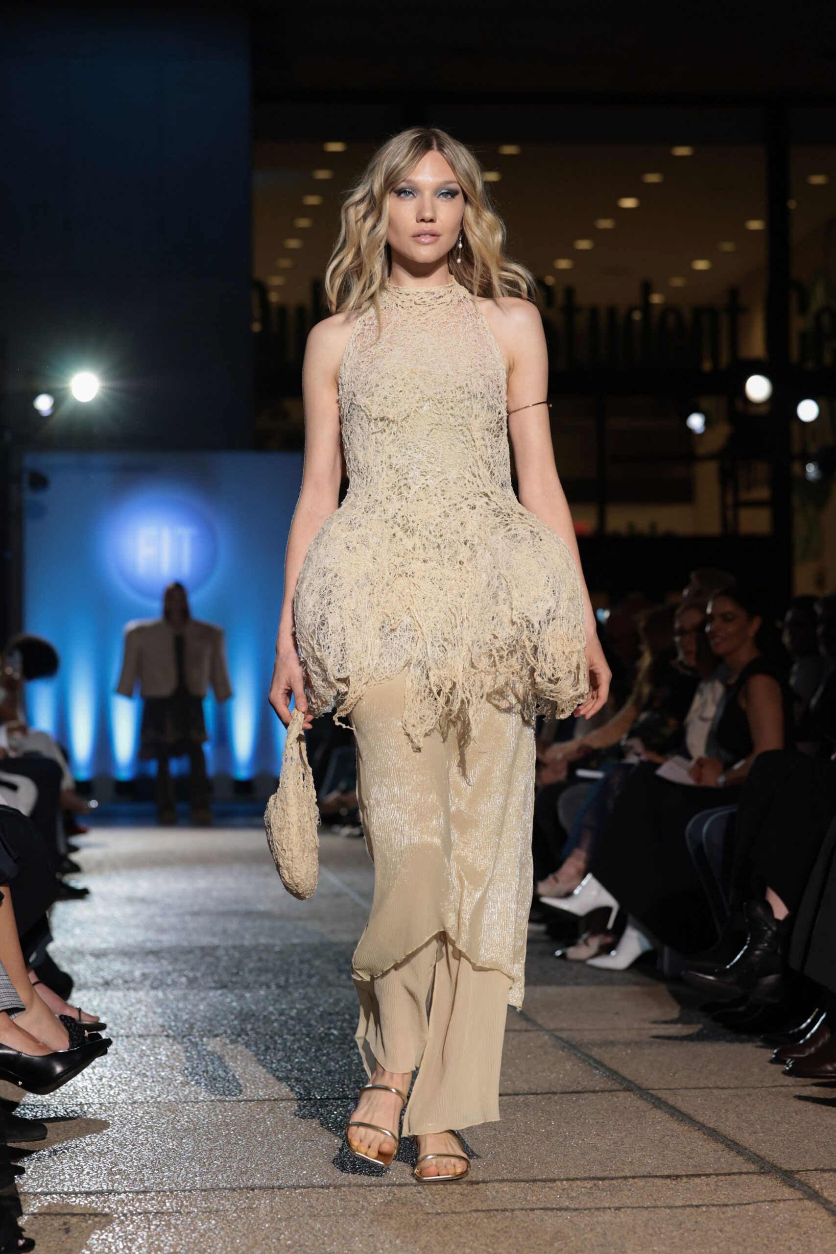 beige lace sleeveless high-neck fitted ruffled layered dress