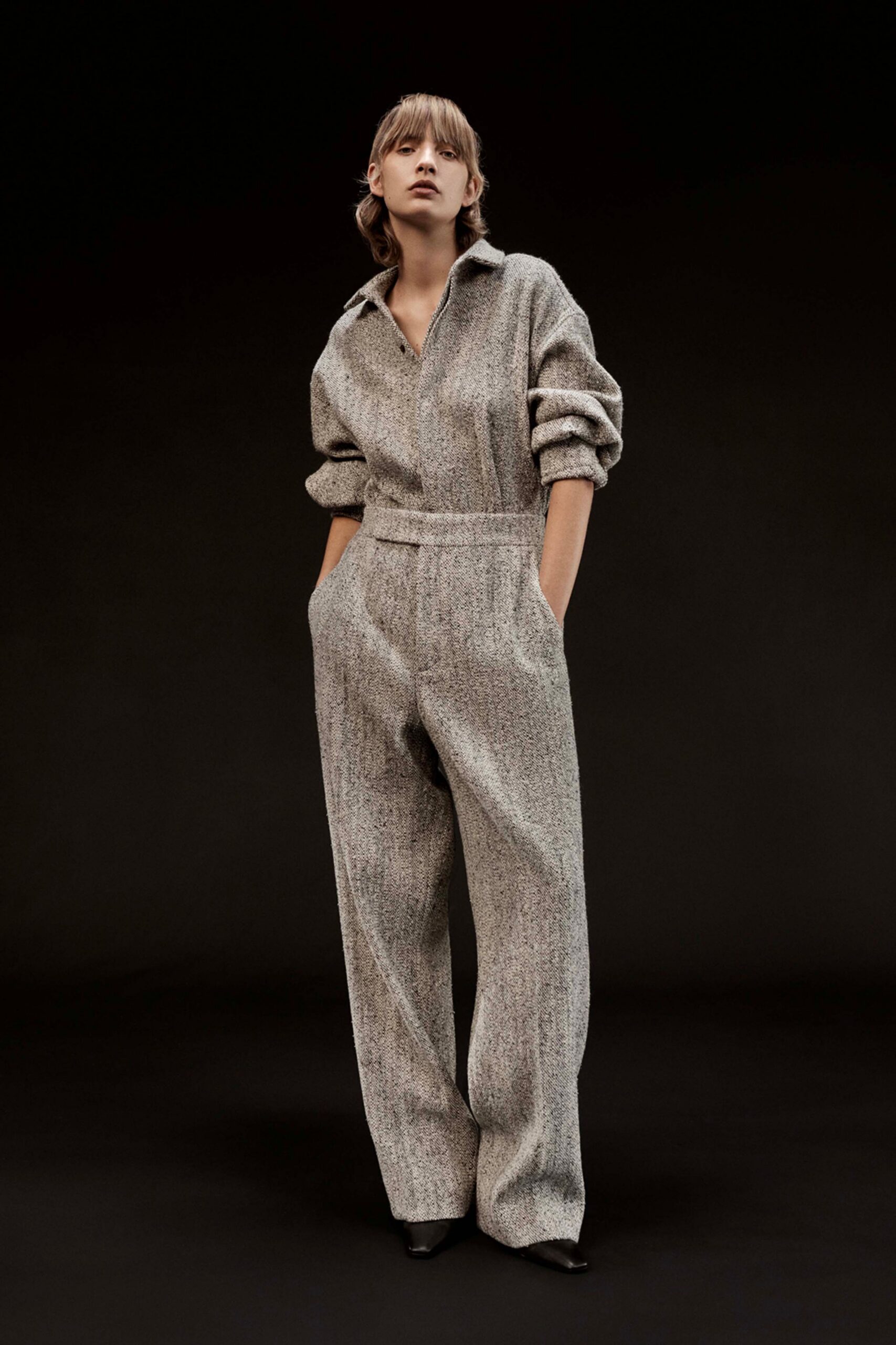gray cotton long-sleeve collared relaxed straight-leg pockets jumpsuit