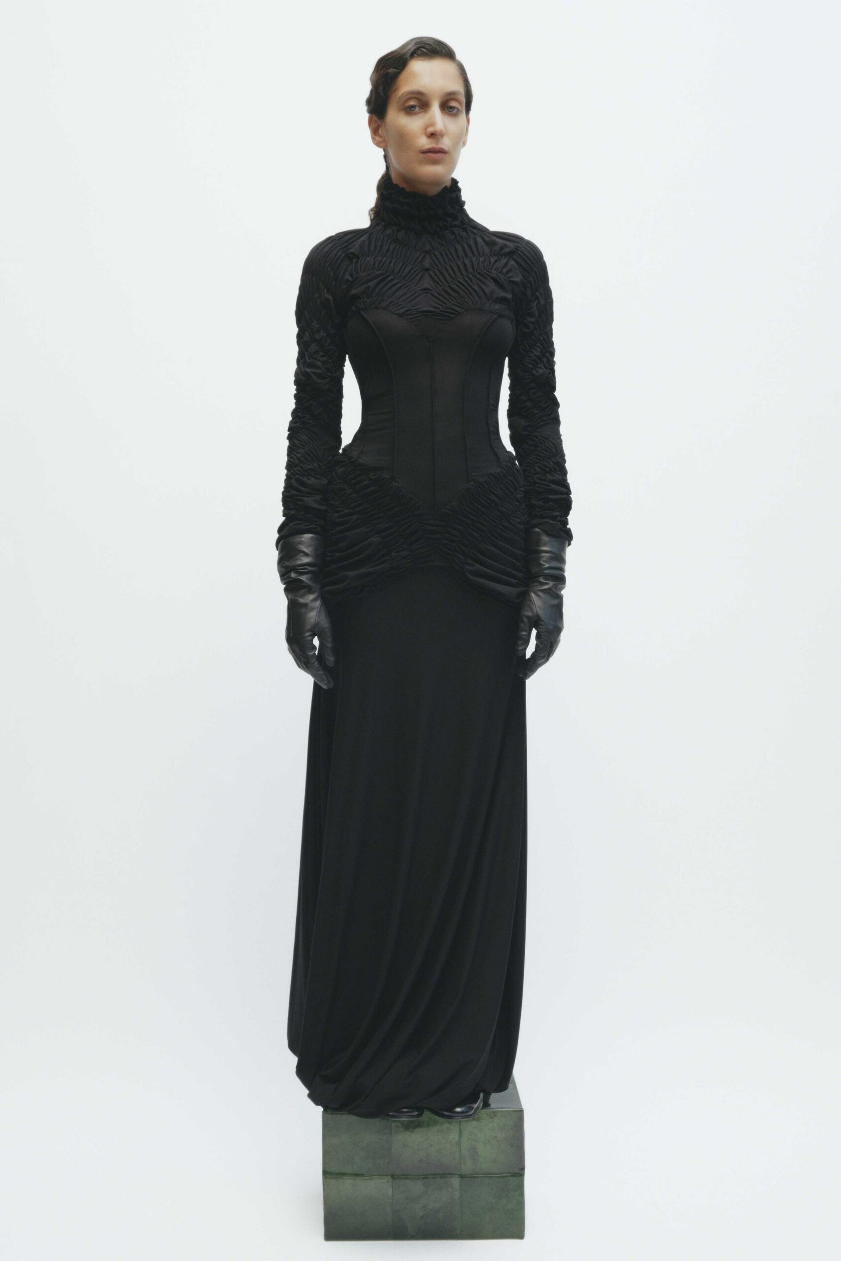black fitted gown with gloves