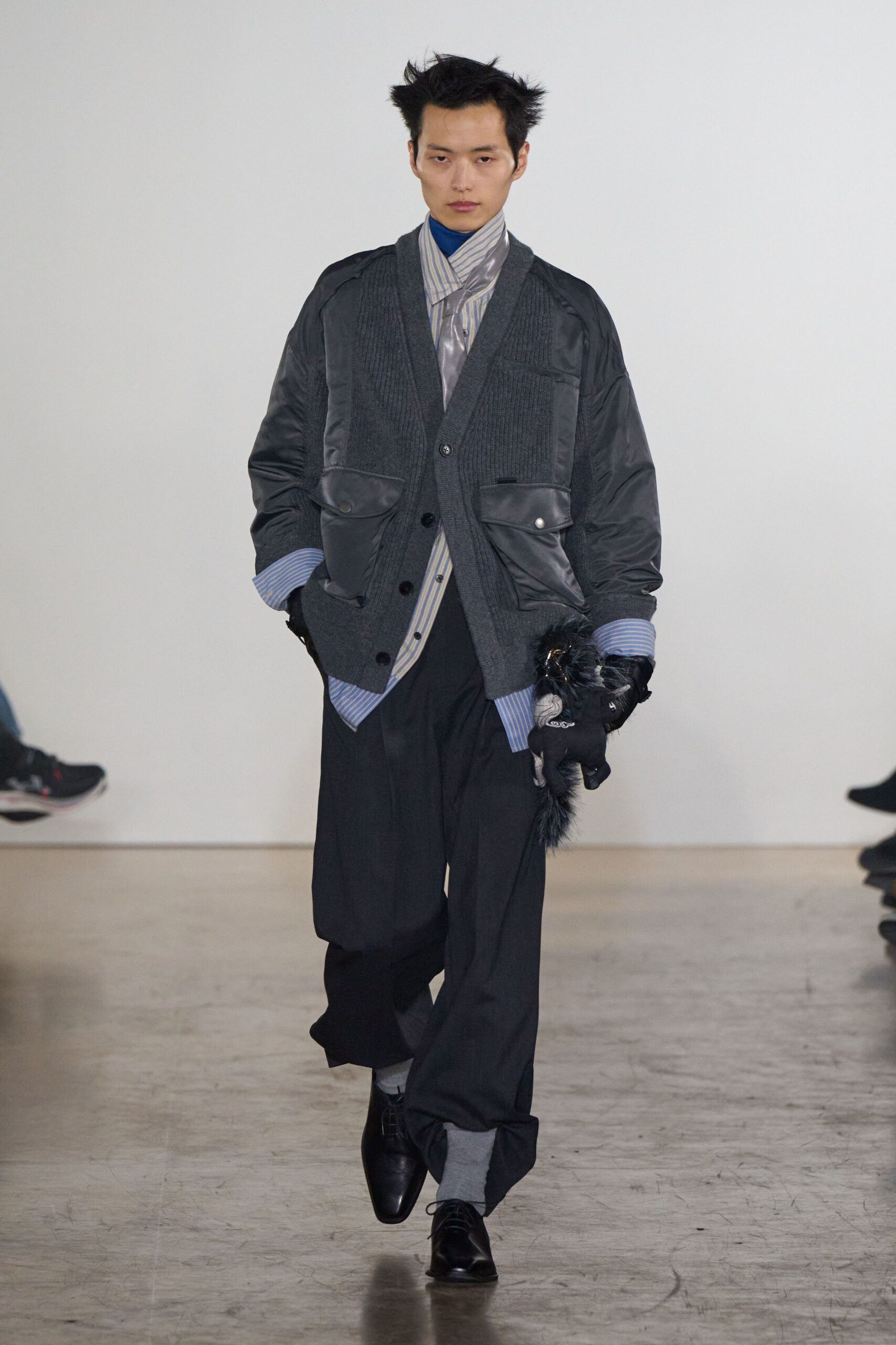 gray relaxed jacket with blue shirt