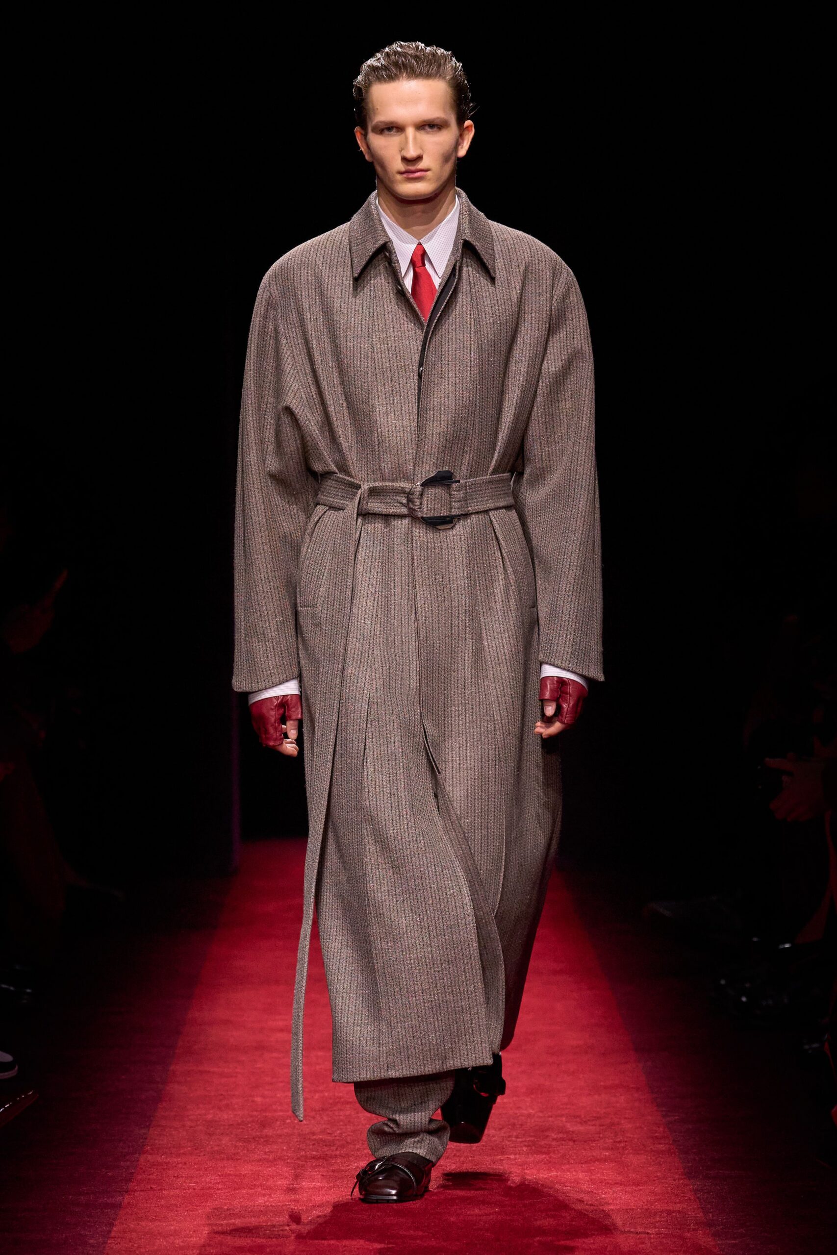 brown wool long-sleeve collared relaxed belted checked coat