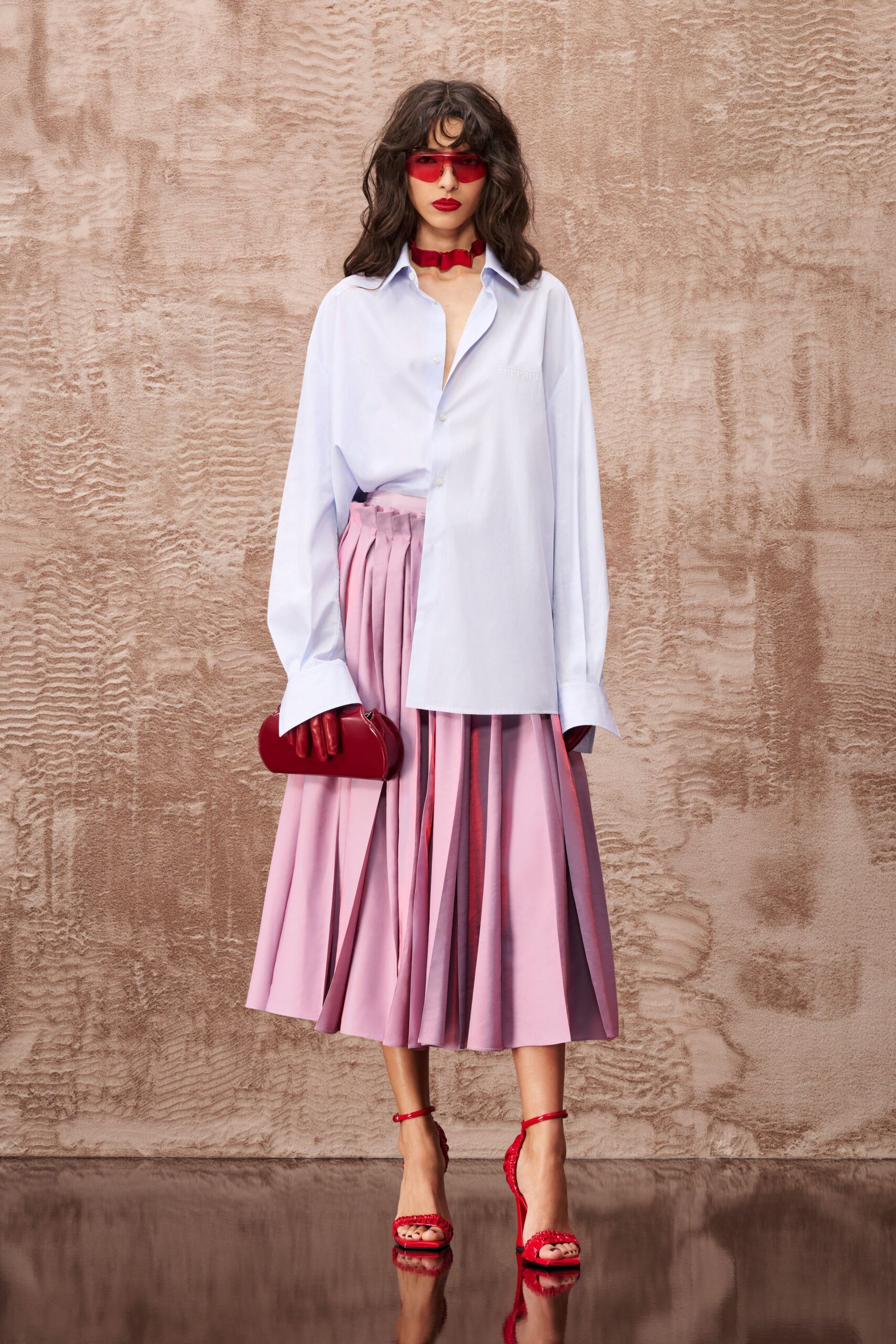 pink silk fitted pleated midi skirt
