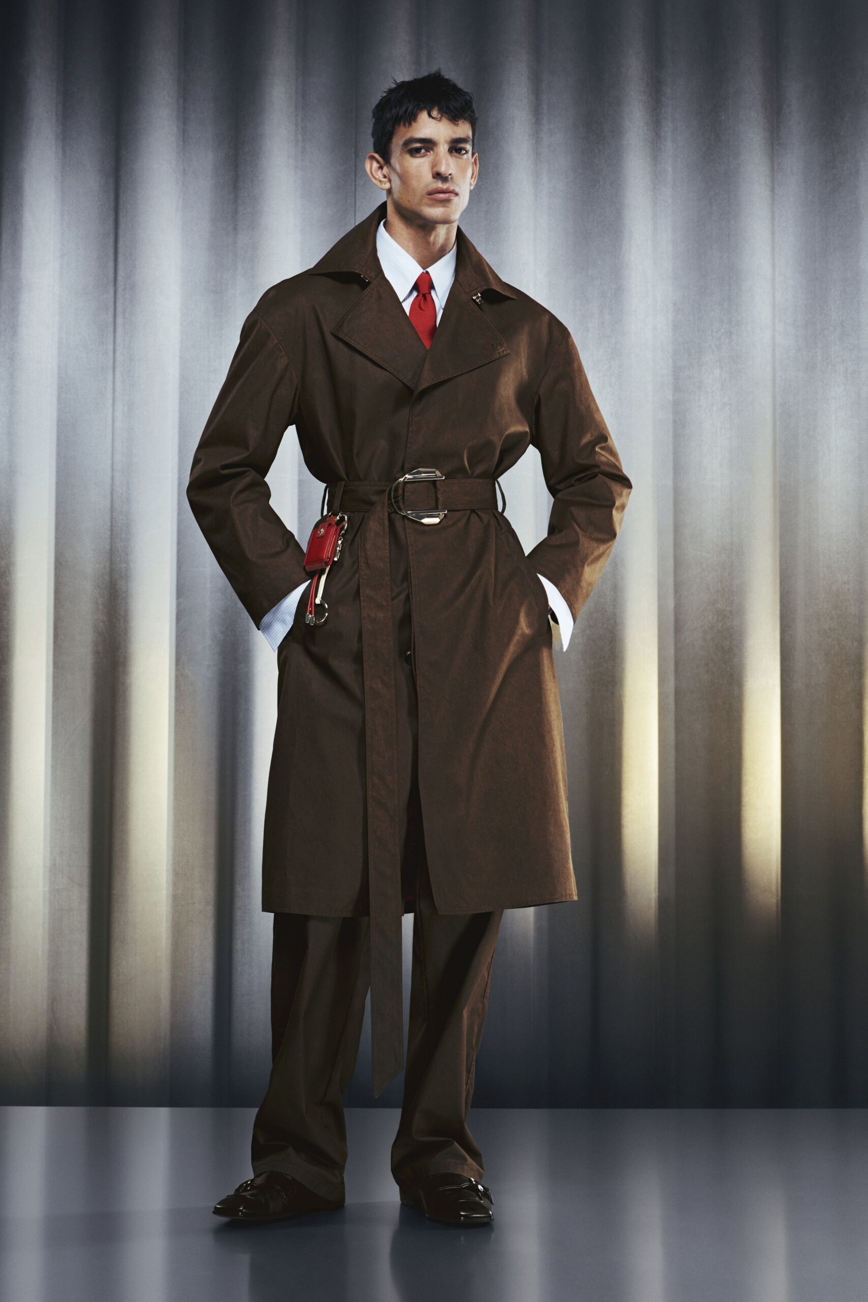 brown cotton long-sleeve collared tailored belted trench