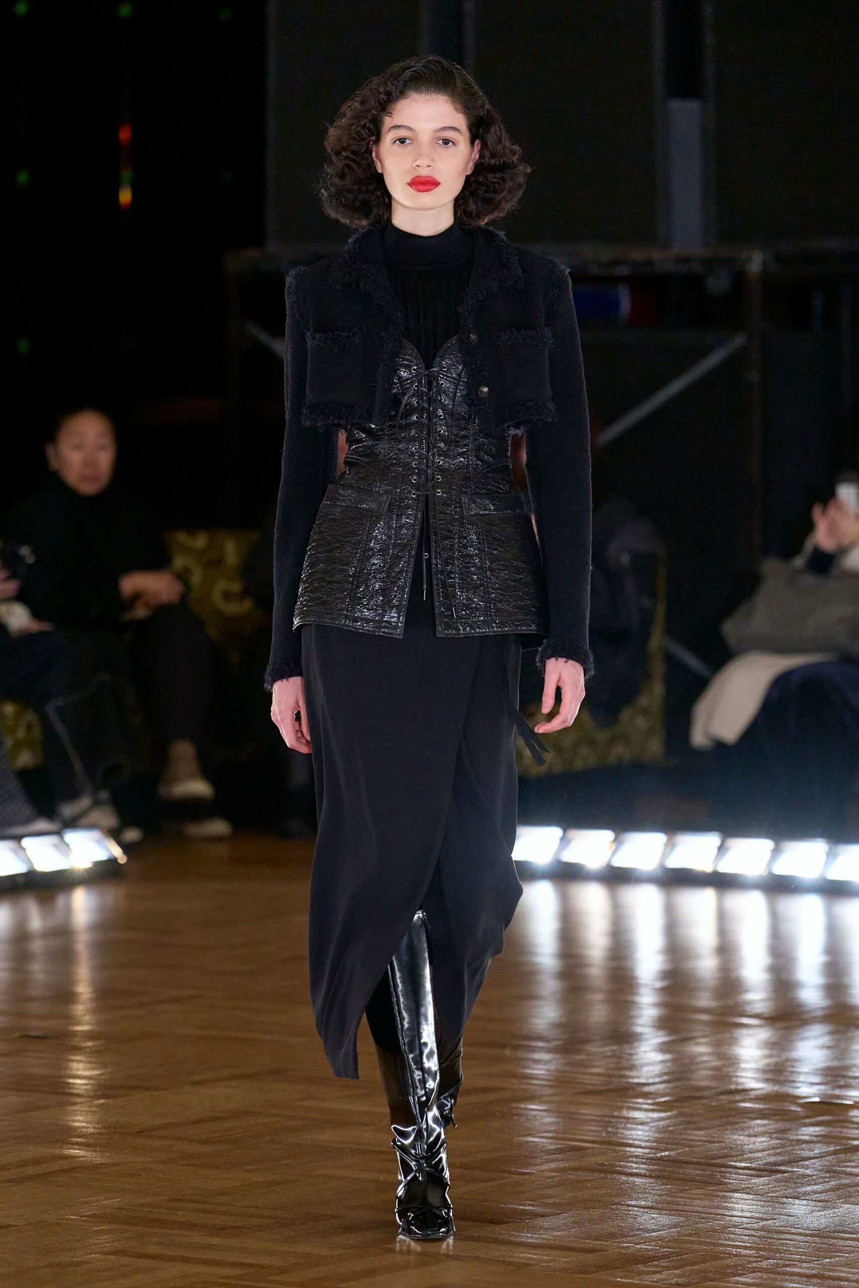 black leather fitted jacket and skirt