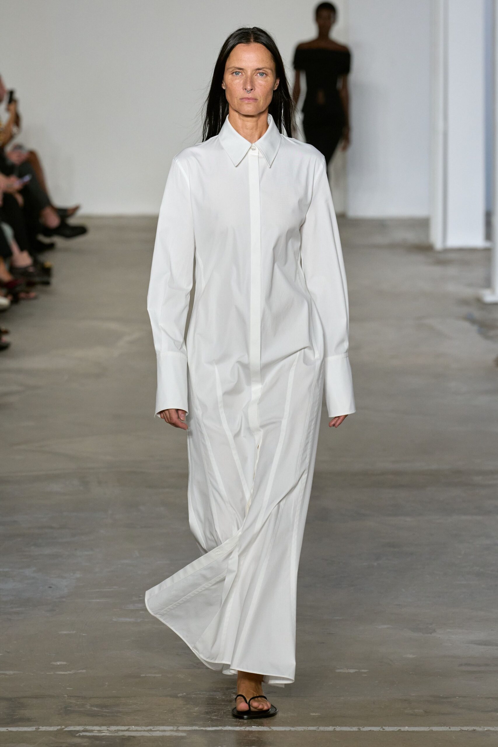 white cotton long-sleeve collared relaxed buttoned pleated shirt-dress
